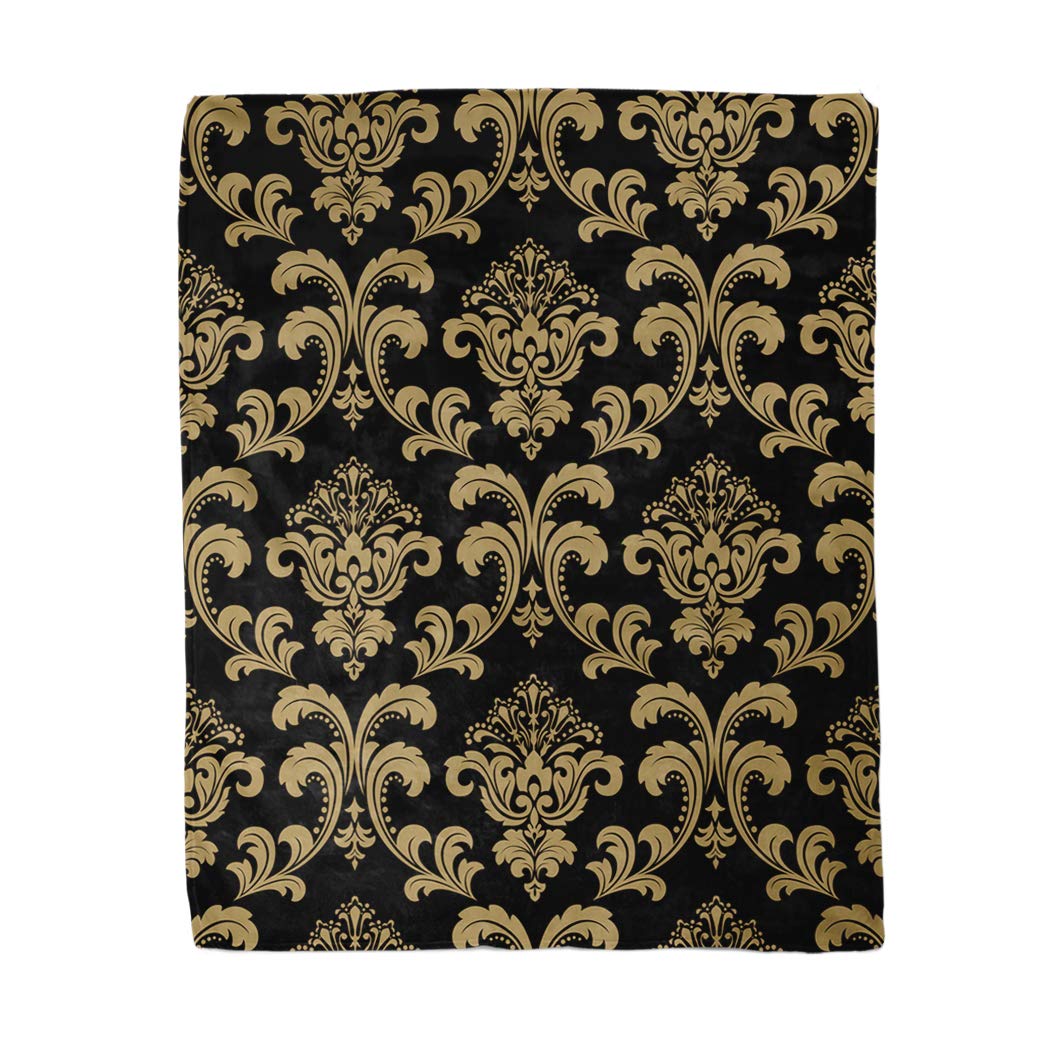 Topyee 130x150 cm Throw Blanket Dark Floral Pattern Baroque Damask Gold and Black Vintage Warm Cozy Print Flannel Home Decor Comfortable Blanket for Couch Sofa Bed