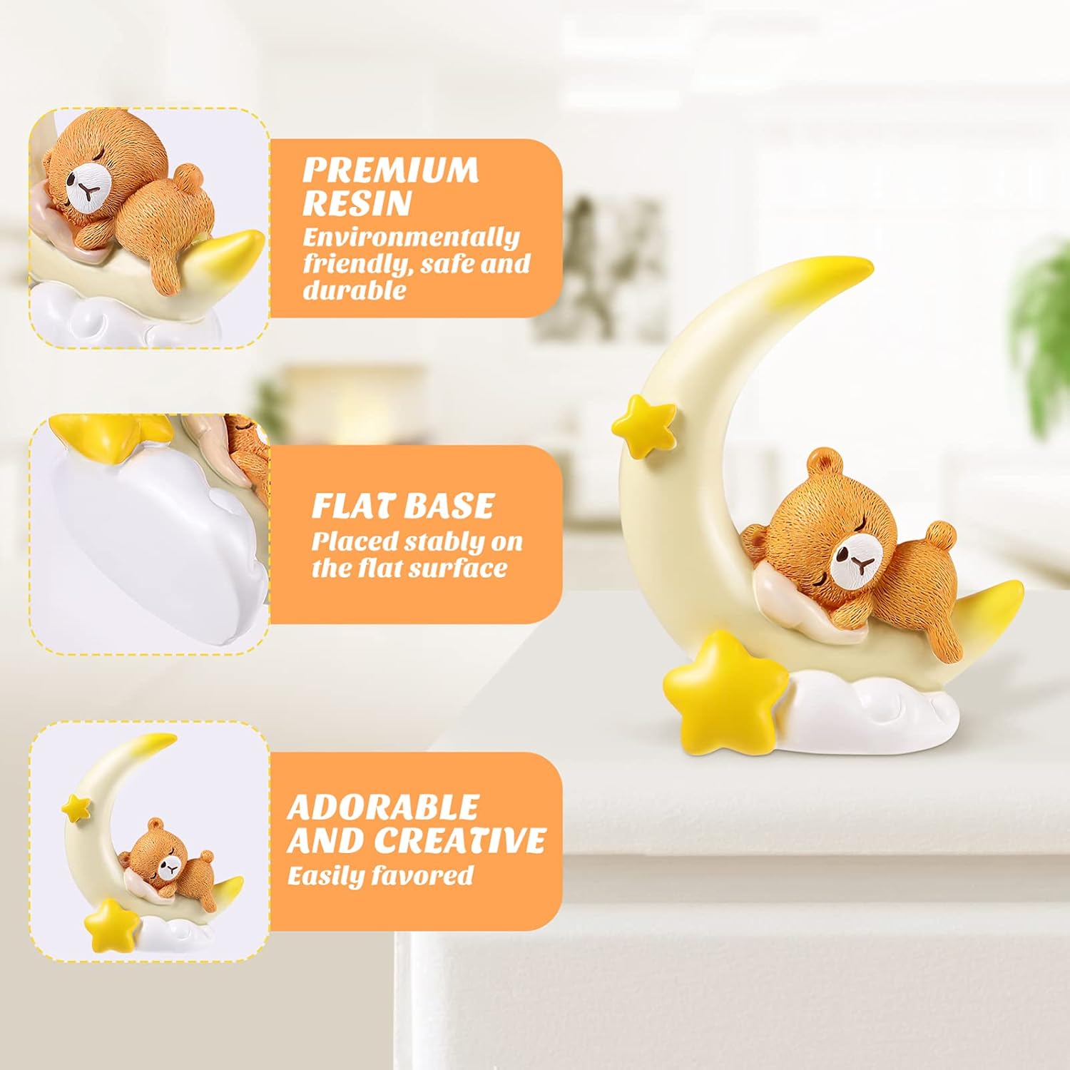 PRETYZOOM bear cake topper baby shower moon decorations for cakes pastel twinkle little star elephant toppers- Creative Bear Moon Craft Statue Cartoon Resin Figurine Car Home Cake Desktop - Image 4