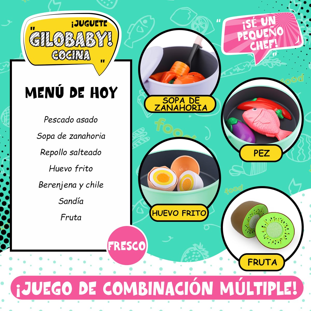 GILOBABY Accesorios de Cocina para Niños, Juguetes Educativos con Juego de Ollas y Utensilios, Alimentos y Juguetes