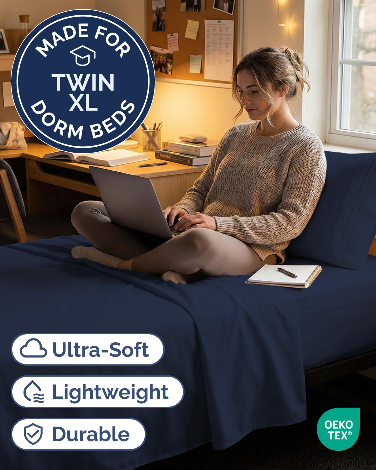 Condition photo showing New/Like New for twin xl size 3 piece sheet set - comfy breathable & cooling sheets - hotel luxury bed sheets for women & men - deep pockets, easy-fit, soft and wrinkle free sheets - navy blue oeko-tex bed sheet set