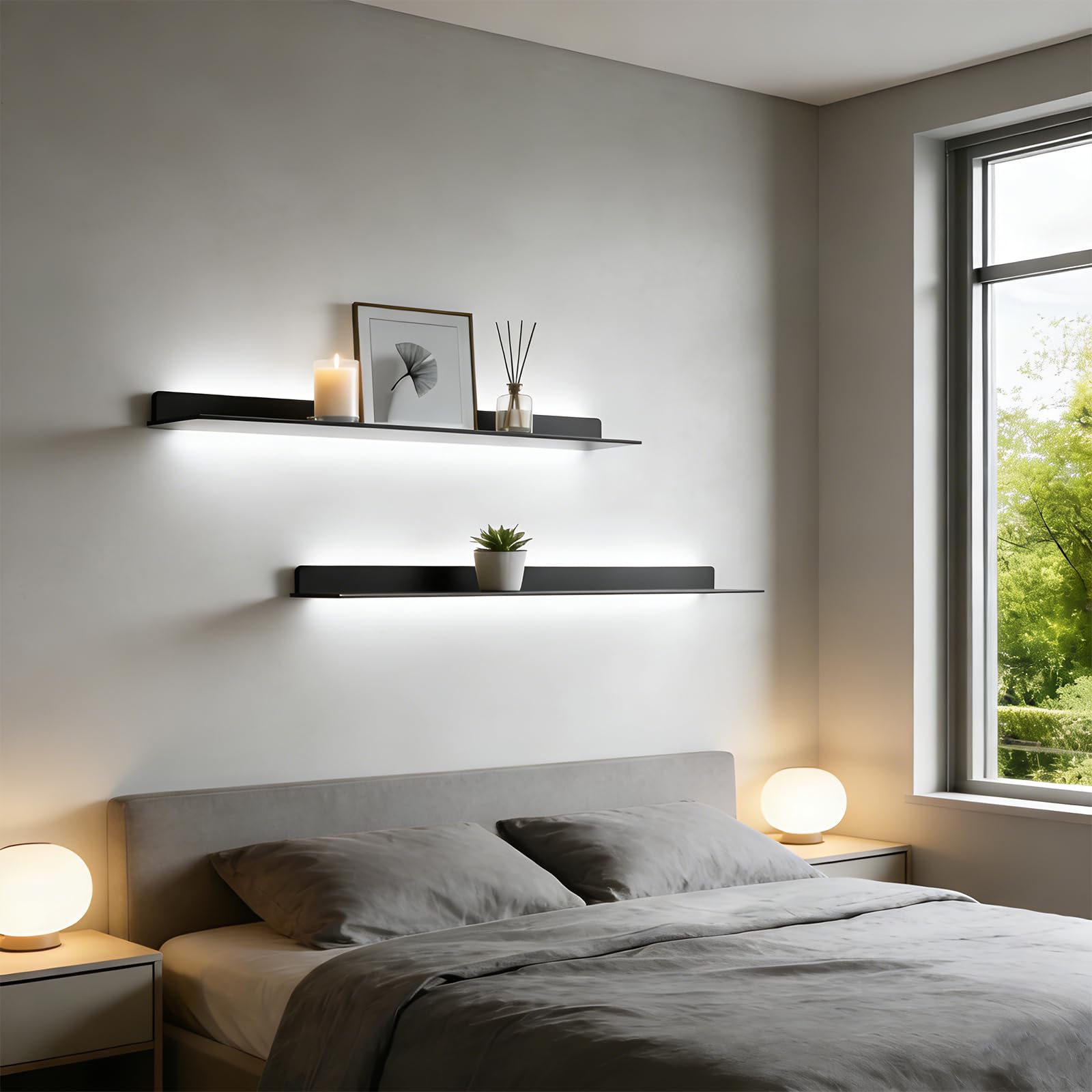 Modern Floating Display Shelf with LED Lights, 2Pcs Wall Mounted Shelves with Light Strips, Versatile Metal Floating Lighted Displays Shelves for Showcasing Decor Books Plants (60cm/23.6in)
