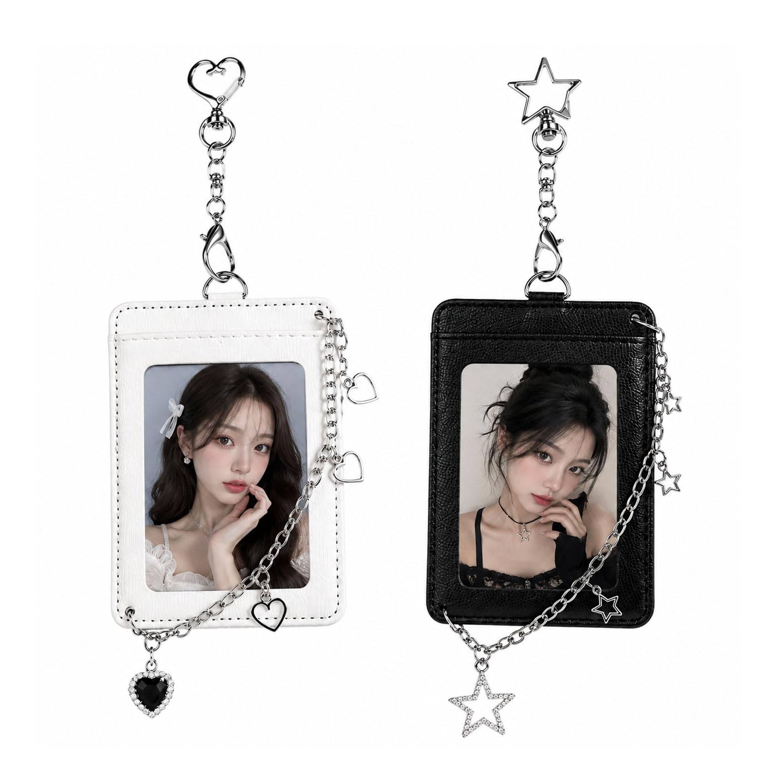 2 Pack Retractable Lanyard Card Holder, Lanyard with Clear ID Card Holder, Photocard Holder with Star & Heart Charm, for Fans, Students, Staff (Black & White)