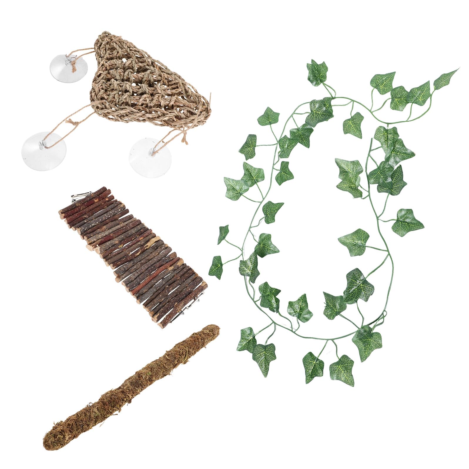 Set 4 Pezzi Accessori per Rettili da Arrampicata Ponte in Legno, Amaca a Triangolo e Decorazioni Naturali, Struttura per Terrario per Serpenti, Lucertole e Cincillà