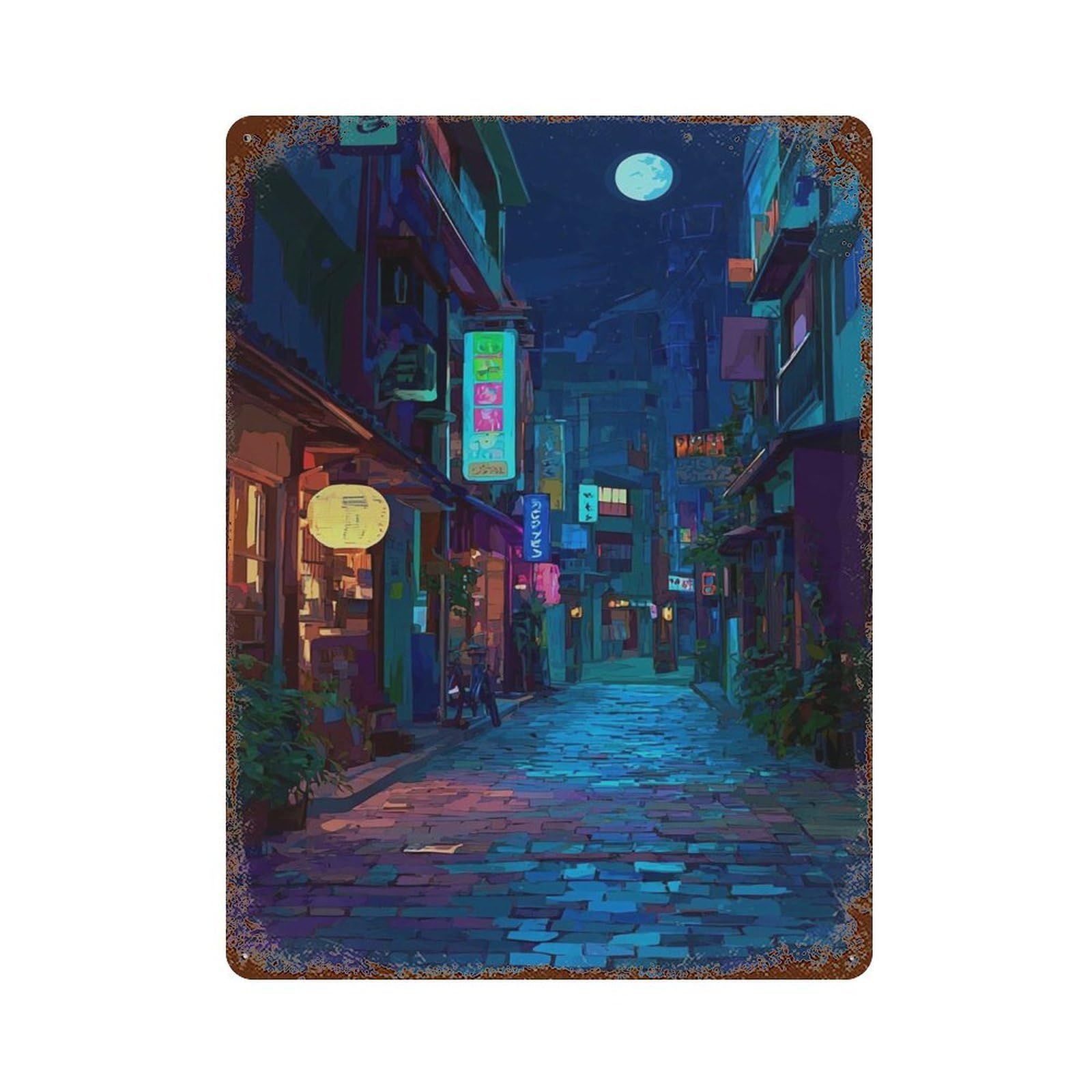 xiaoxiaoshen Japanese Night Street Anime Cityscape Neon Moonlit Alley Urban Japan Work Wall Decor Art Metal Tin Poster Modern Home Decor Art Home Bar Shop Decorations Vintage Sign 40x30cm