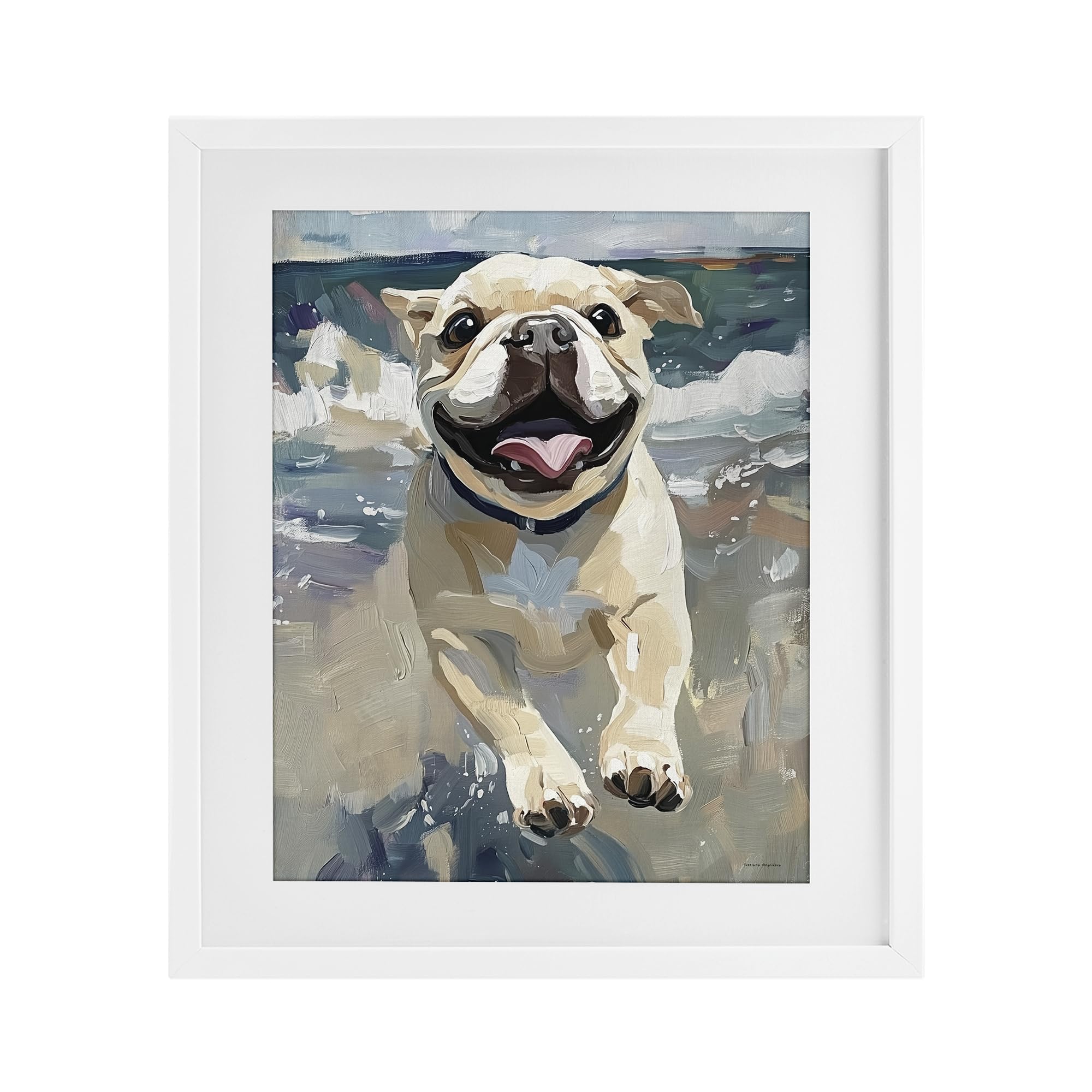 Stupell Industries 'Sunny Paws Dog on Beach', Framed Print Under Glass, White, 17 x 21 Inches, Easy to Hang and Sturdy, Made in USA, by Svetlana Aleynikova