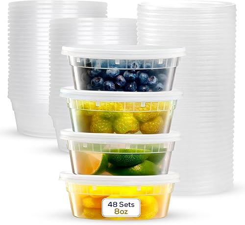 Recipientes de almacenamiento de plástico con tapas 48 unidades 8 onzas Recipientes reutilizables para alimentos para el hogar y negocios Apto