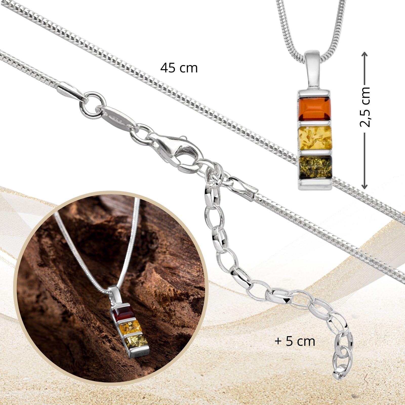 Collar De Ámbar Con Colgante Ajustable En Cadena De Plata De Ley