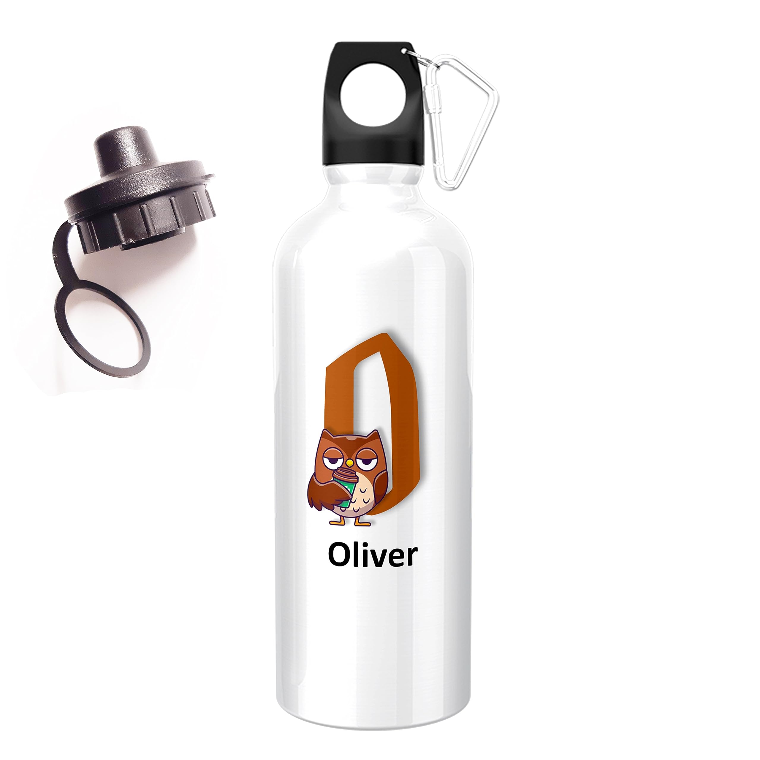ShopQuality4U Personalised Gift 500ml Water Bottle Animal Owl Initials with Screw Cap and Carabiner