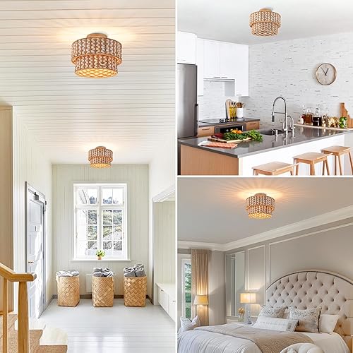 Miniatura 33 de Lámpara de ratán estilo bohemio, lámpara de techo de ratán empotrada, lámpara de techo tejida pequeña de madera, candelabro de ratán