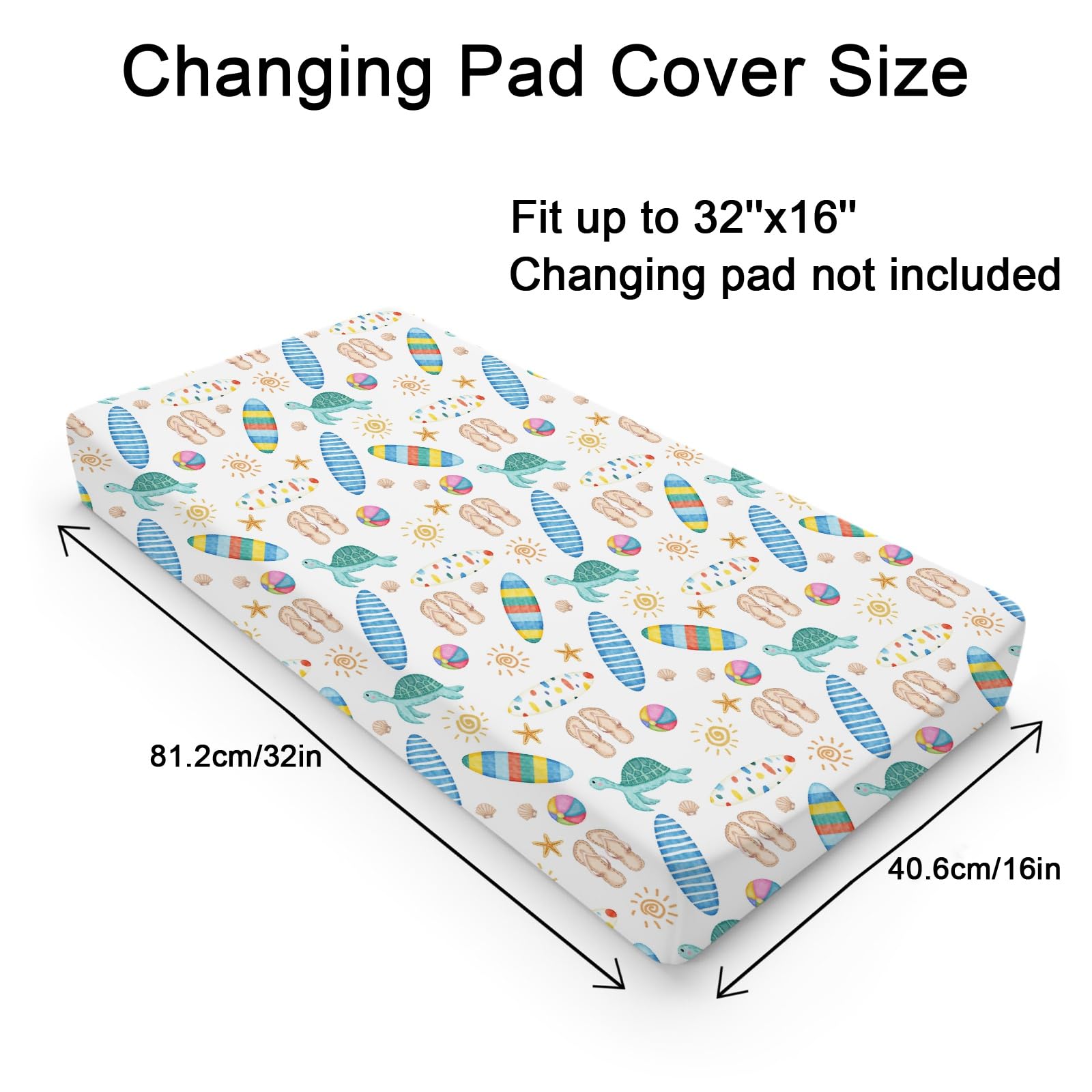 Boho Summer Beach Surf Changing Pad Covers Colorful Surfboard Sun Turtles Baby Changing Table Sheets for Boy Girl Vacation Holiday Soft Breathable Stretchy Fitted Diaper Change Table Mats 32''x16''
