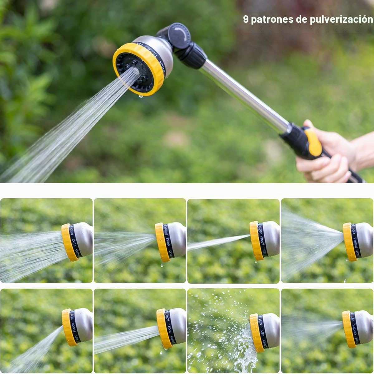 FANHAO Pistola de Riego Metálica, Largo Pistola de Agua para Jardín, 9 Modos Ajustables, Pistola de Manguera con Interruptor de Pulgar para Riego de Césped -Amarillo