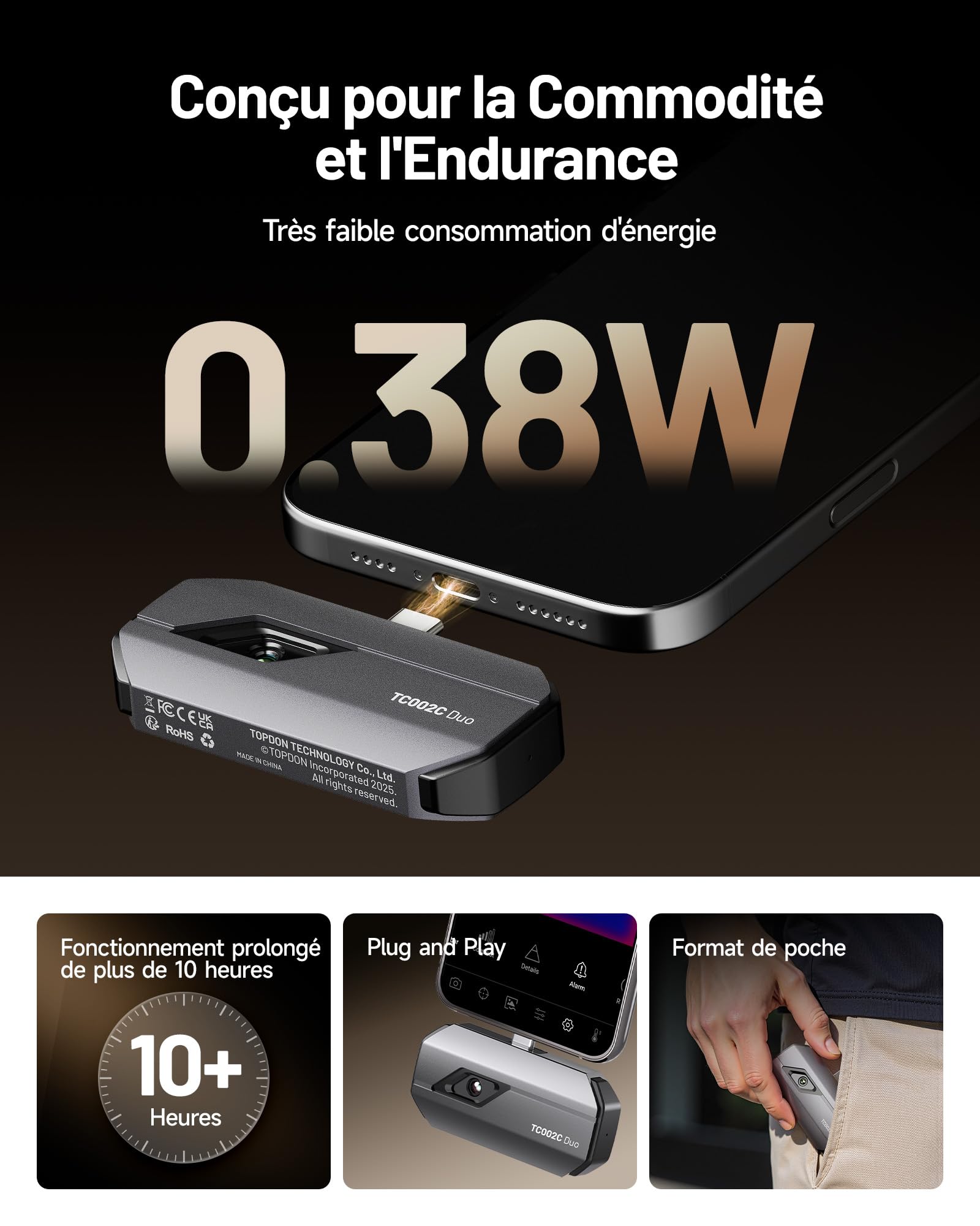 TOPDON TC002C Duo Camera Thermique pour Android iPhone iPad, 512x384 TISR Haute Résolution, -20℃ à 550°C Plage de Température, 25Hz, 40mK, Camera Infrarouge avec USB-C pour Smartphone/Tablet/Windows