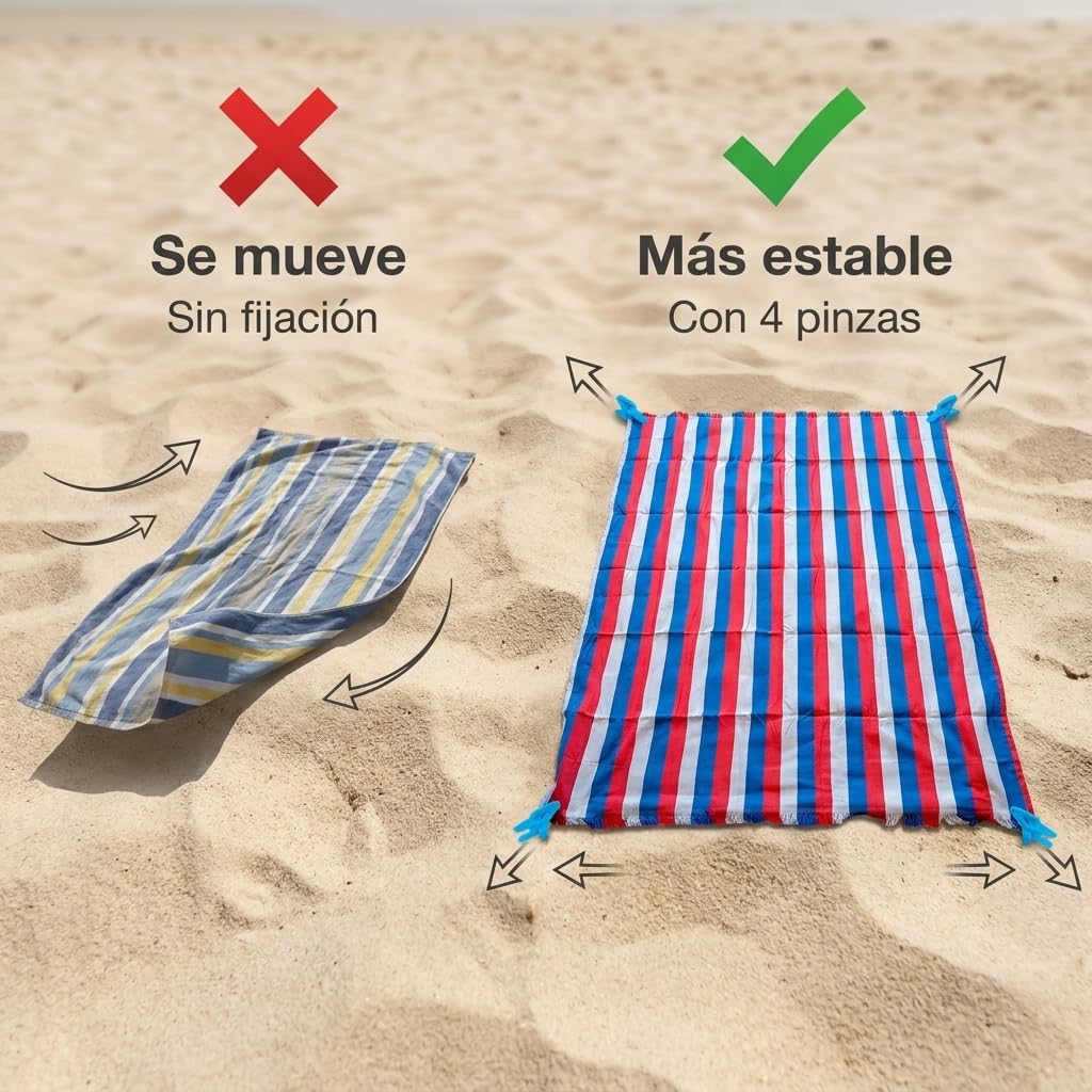 Pincho Lot de 2 grandes serviettes de plage avec pinces pour sable avec 4 pièces, anti-sable et séchage rapide XL 140 x 180 cm, rayures multicolores pour piscine et camping, avec franges