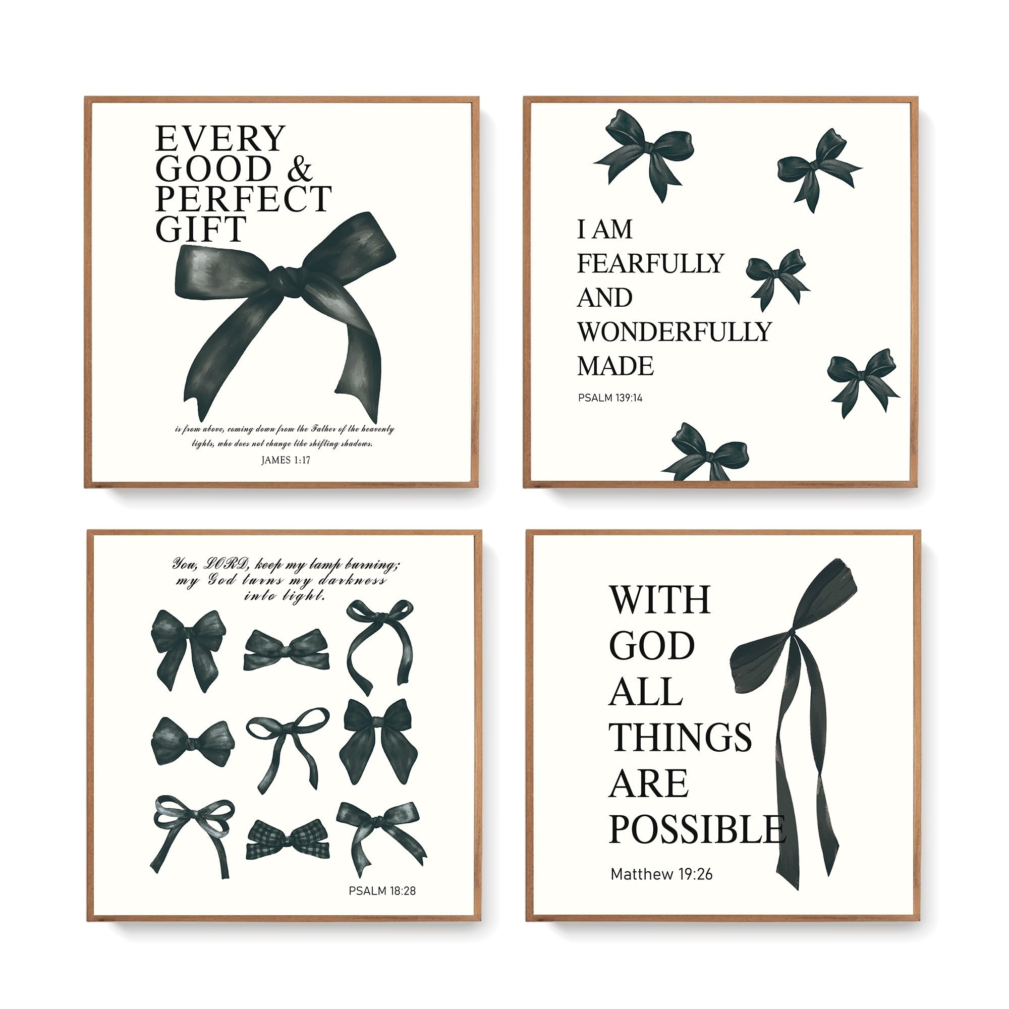 LARTSFRO Coquette Black Bow Bible Wall Art Decor Posters, Black Bow Room Bedroom Bathroom Wall Art Decor Aesthetic for Teen Girls Gifts, Inspirational Bible Verses Bow Wall Decor, 10x10 Inch Set of 4 Bow Pictures Unframed