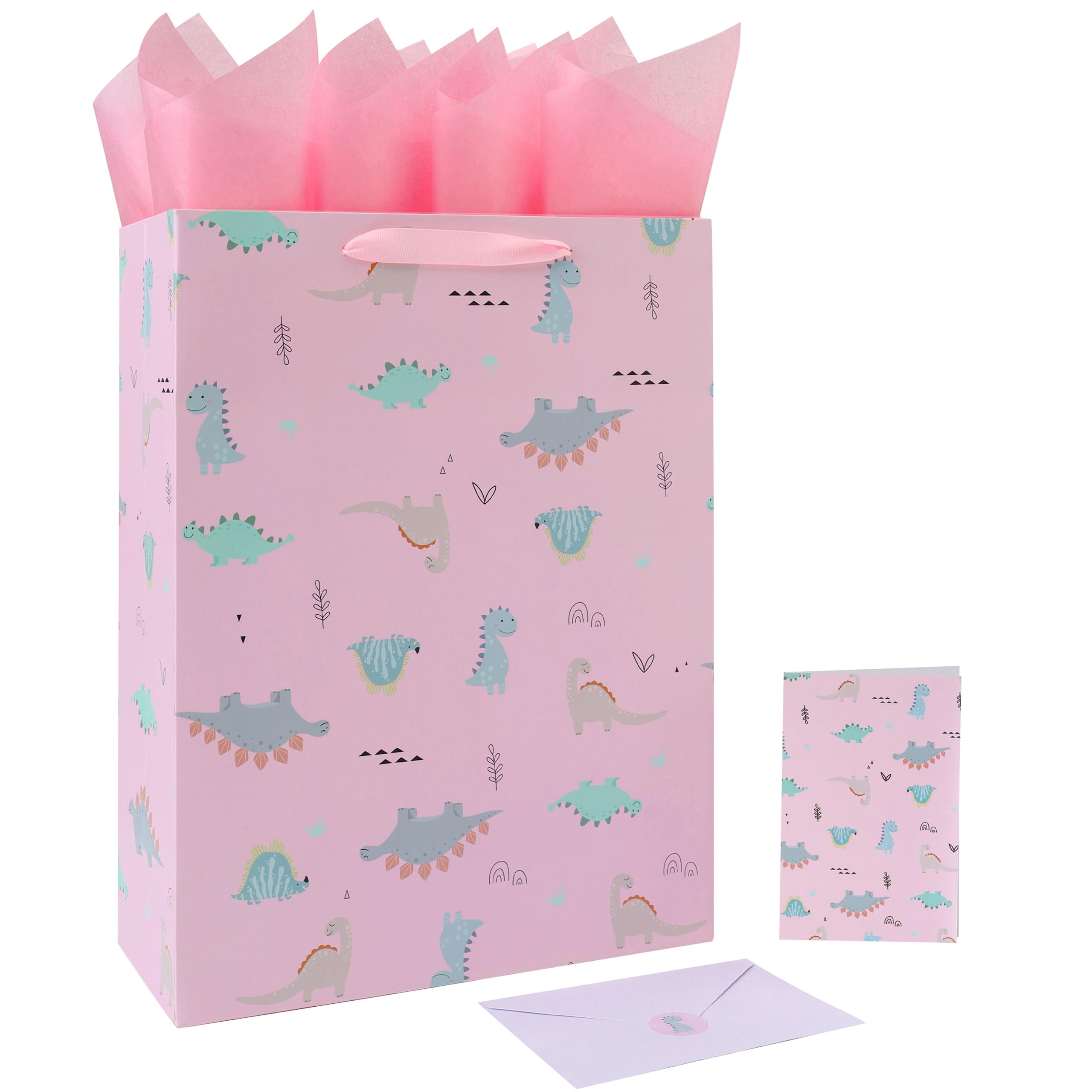 16.5” Extra Large Dinosaur Gift Bag Set with Handles, Greeting Card, Pink Tissue Papers and Stickers for Girls Kids Teens for Birthday Baby Shower Baby Girl Newborn New Moms, Dinosaur-themed Design, 1 Pcs