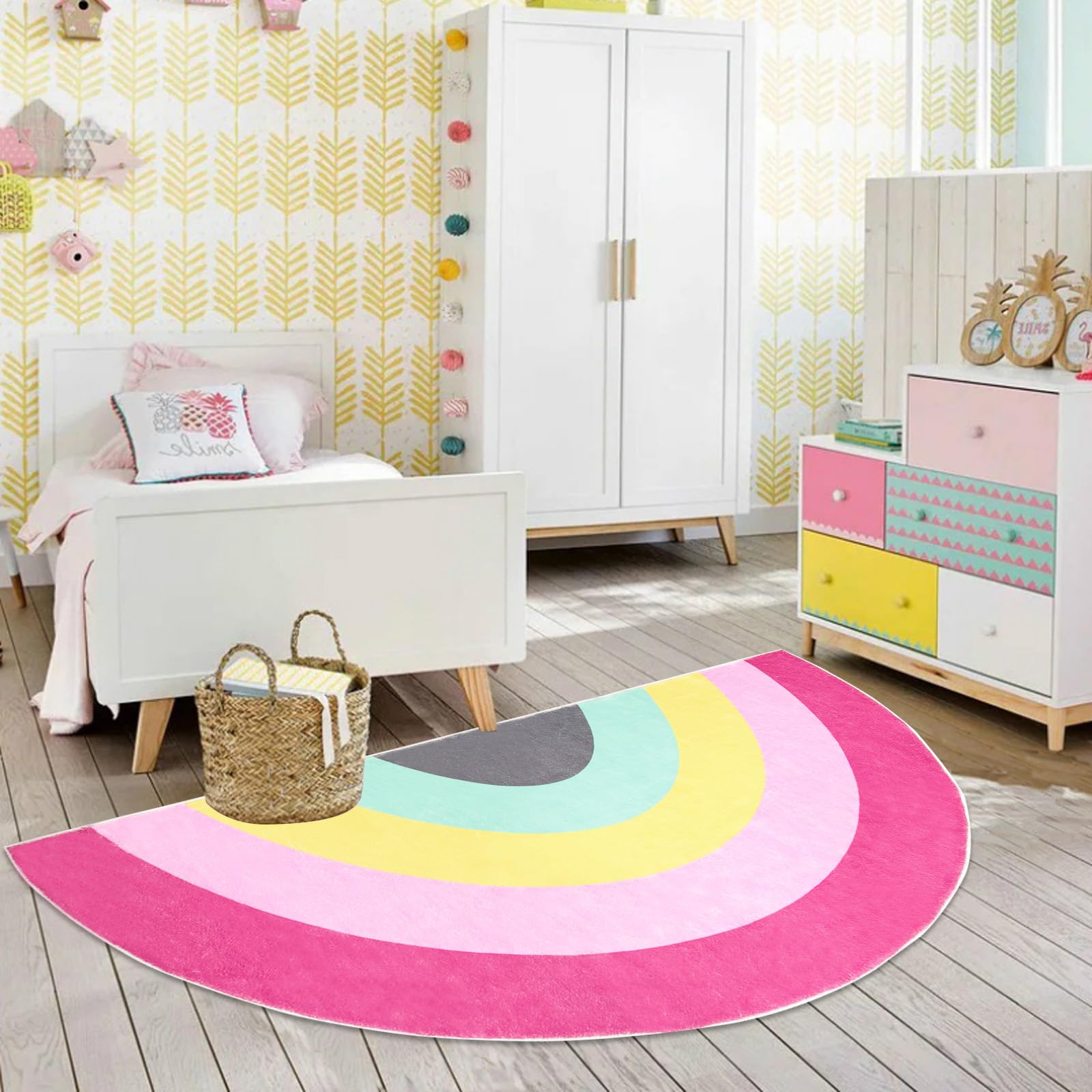 Lacomfy Kids Rug Carpet 6Ft Pink Rainbow Rug for Girls Bedroom Half Circle Playroom Bathroom Area Rug Soft Child Floor Mat for Boys Girls Room Nonslip