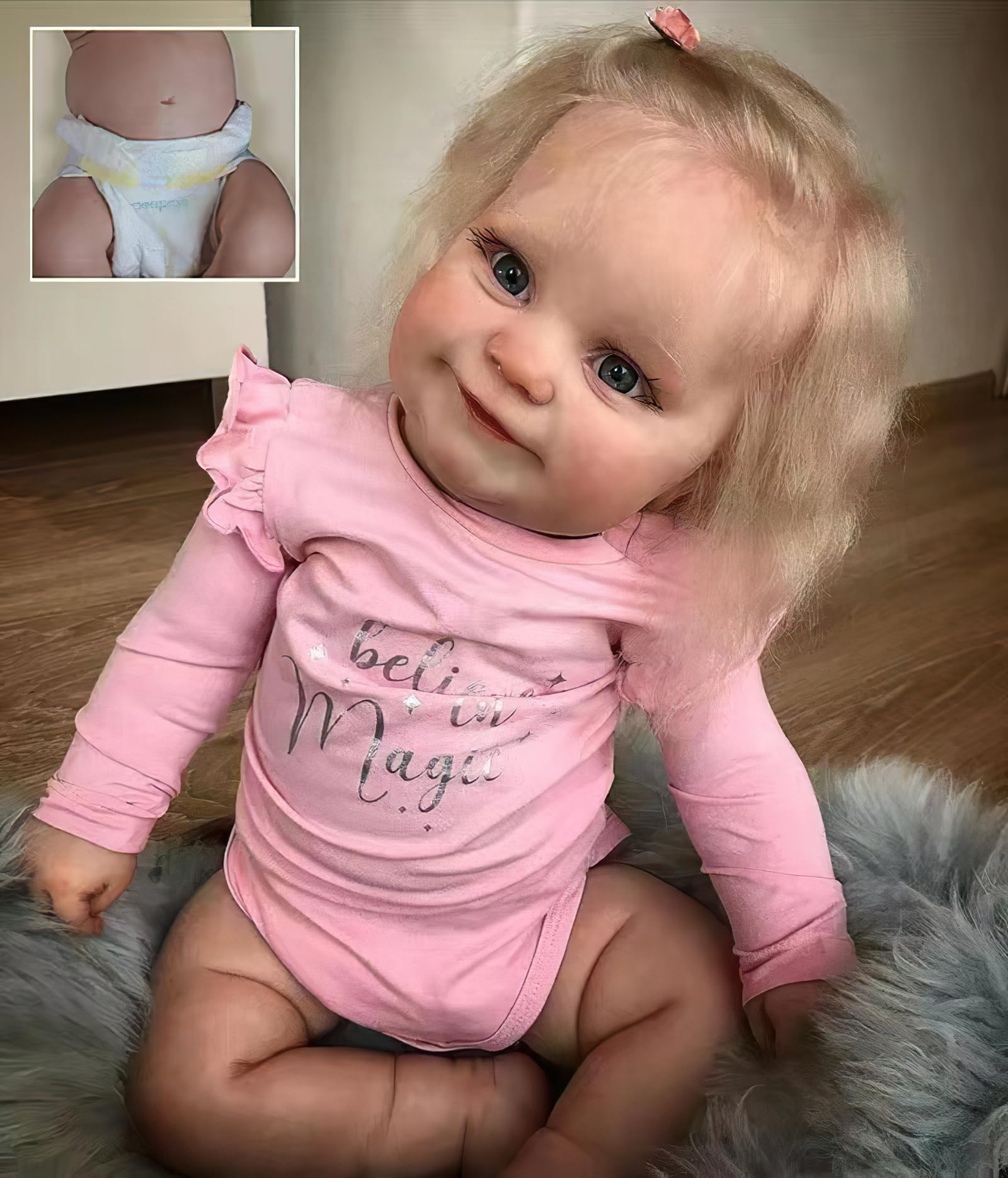 MineeQu Bambole Reborn - Bambola Ricomposta 20 Pollici, Bambina Sorridente, Vinile Totale, Capelli Blondi Radicati, Outfit Rosa