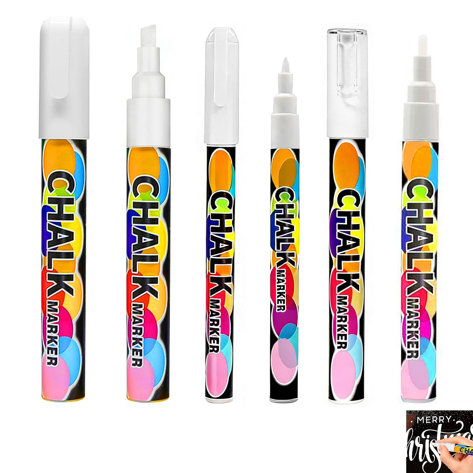 Fwobumy 6 Pcs White Liquid Chalk Pens Set, Washable Liquid Chalk Markers with 1mm 3mm 6mm Reversible Tips, Dust Free Blackboard Pens for Windows Glass Ceramic Plastic Chalkboards Bistro Menu Boards