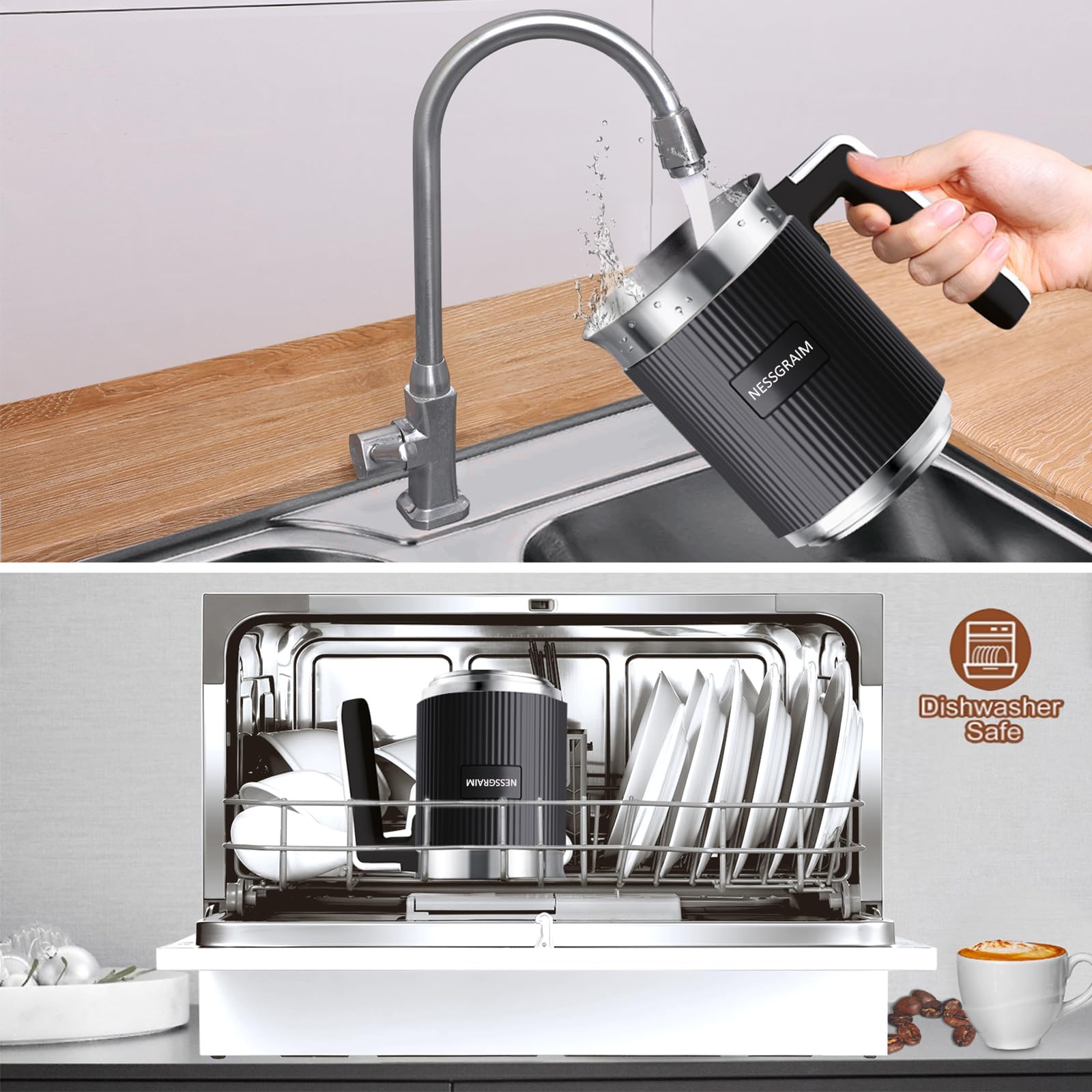 Milchaufschäumer Elektrisch 5-in-1, Milchschäumer Spülmaschinenfest mit Kakao Funktion für heißer Schokoladen, Heißer/Kalter Milchschaum, Warme Milch, 220V (Schwarz)