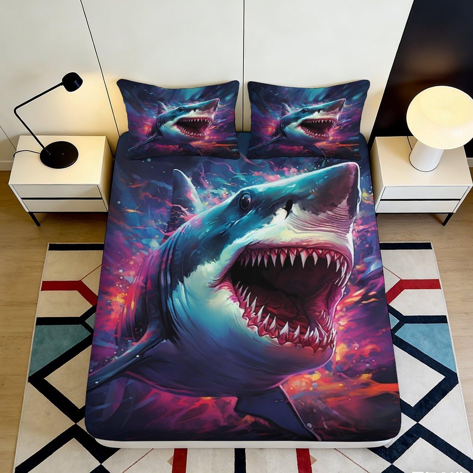 Pnayamiorkfel Style-6 3D Printed Vibrant Shark Fitted Sheet Microfiber Soft Anti-Slip Ocean Splash Bed Cover For Bedroom Guest Room Decor 90X200x25cm