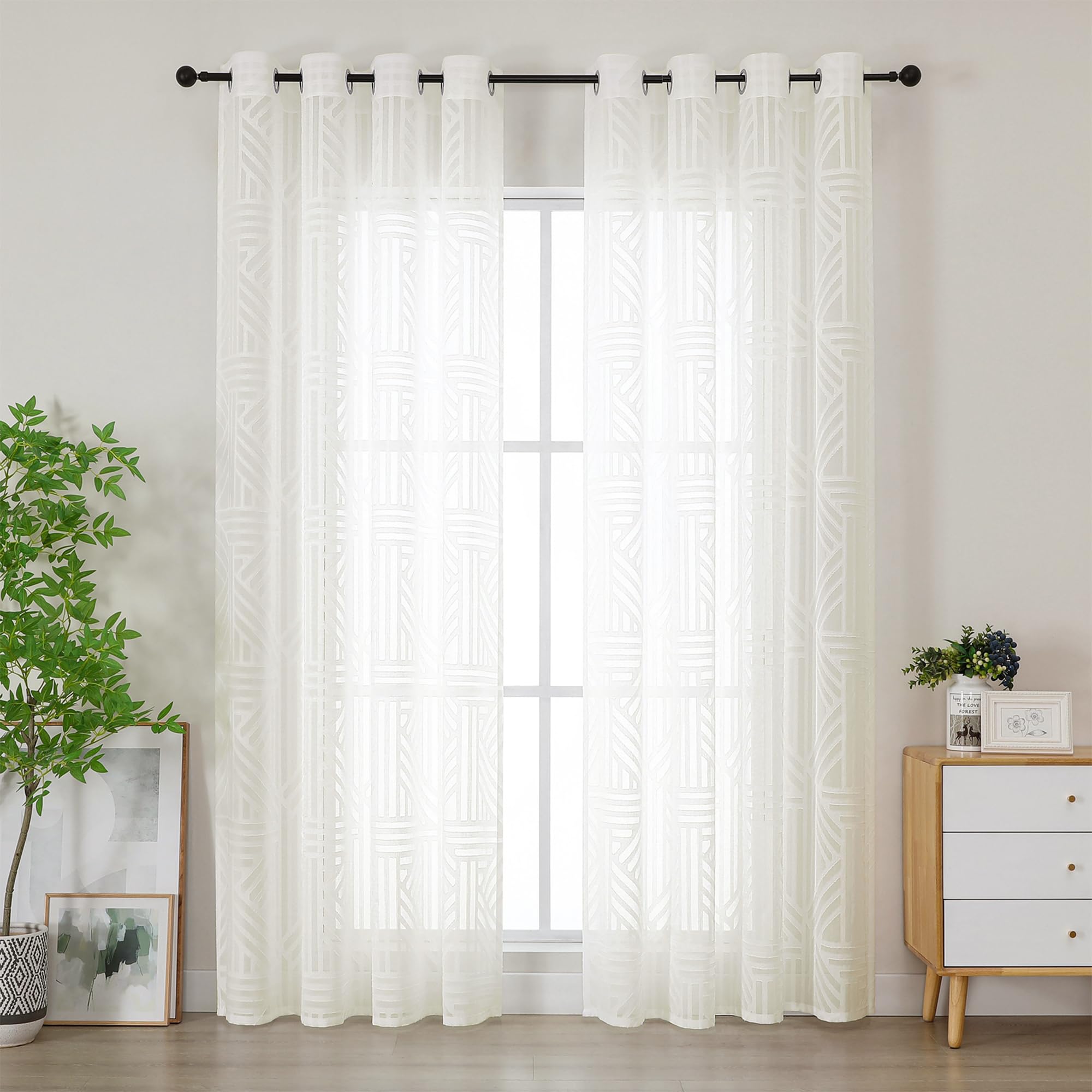 Simplebrand Semi Natural Sheer Curtains 140x220 2 Panels, Light Filtering Geometric Jacquard Clip Textured Eyelet Sheer Curtains for Living Roon，Modern Elegant Window Curtains Drapes