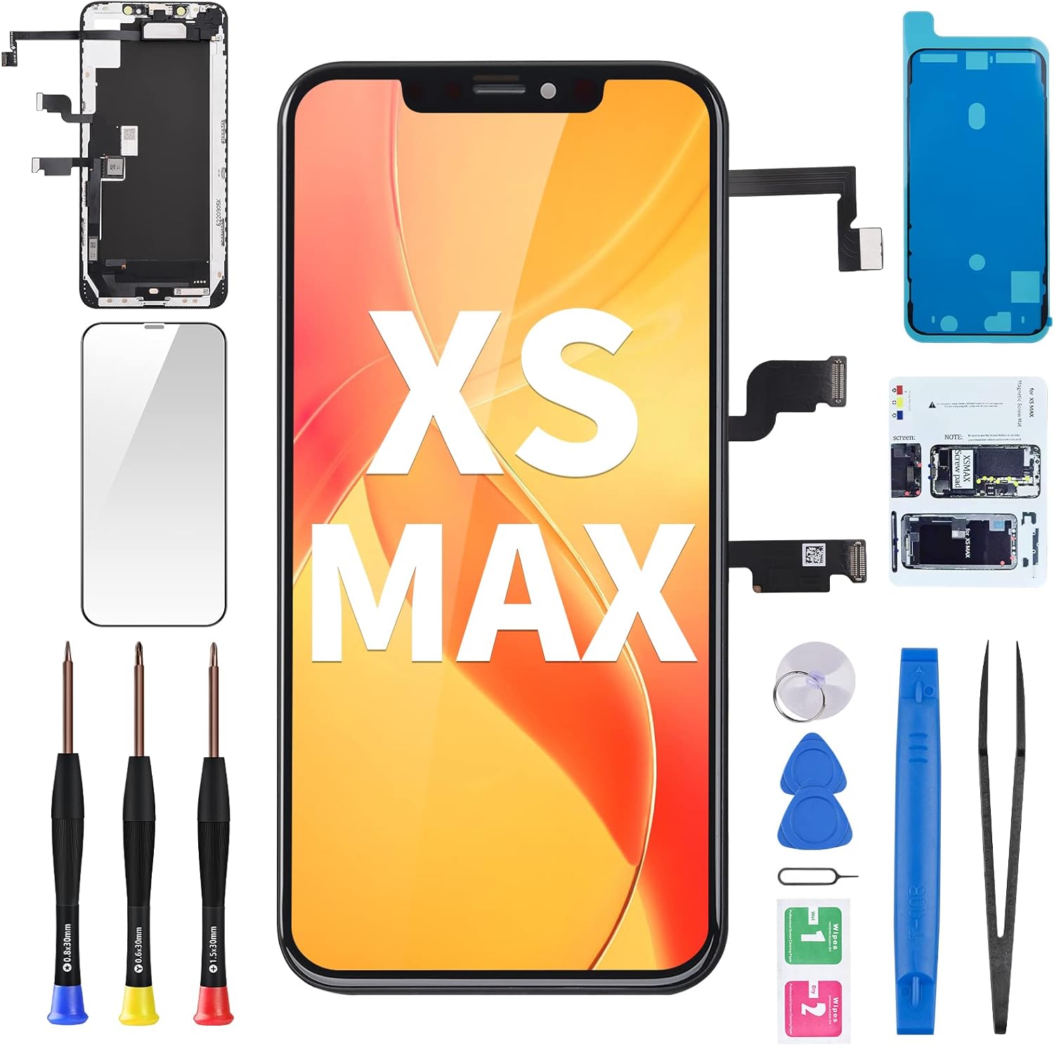 for iPhone Xs Max Screen Replacement with Ear Speaker Proximity Sensor 6.5" Assembled 3D Touch Display Digitizer with Front Earpiece Repair Kits Glass Screw, Fix Tools A1921 A2101 A2102 A2104