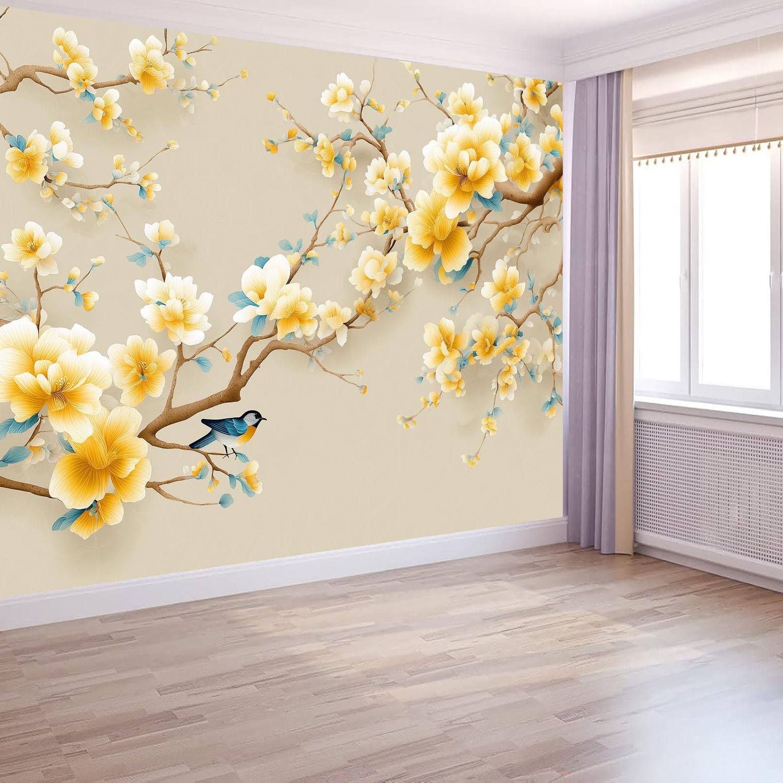 Panoramiczna tapeta 3D klasyczna orientalna pąki ptaki łodygi beżowa 200 x 140 cm, tapeta z włókniny - fresk ścienny do salonu, sypialni i biura, dekoracja ścienna druk HD