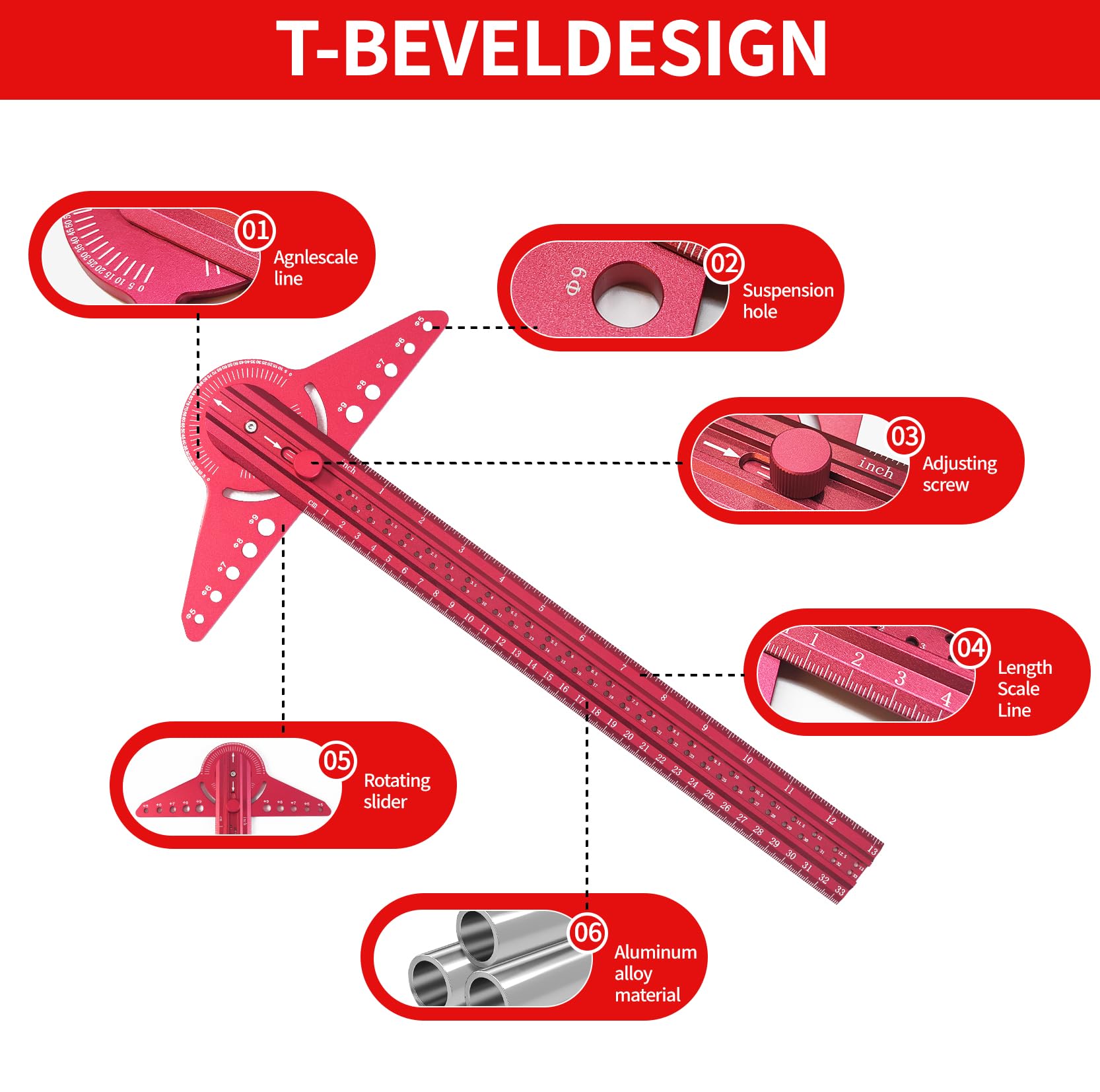 Regla de línea de marcado para carpintería, regla cuadrada deslizante de aleación de aluminio ajustable (rojo)