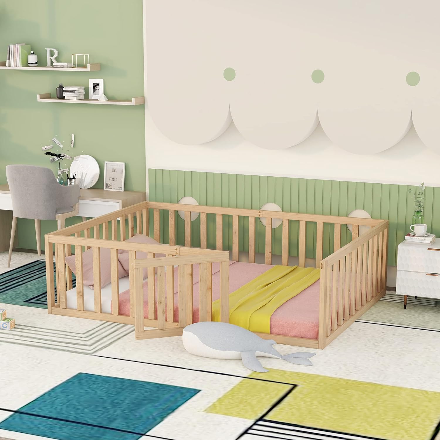 Buy Merax Full Size Wood Floor Bed Frame with Fence and Door Natural