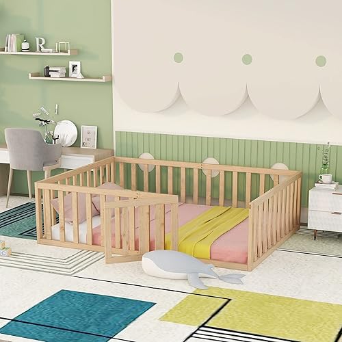 Merax Marco de cama de piso de madera de tamaño completo con valla y puerta (natural) disponible en Yaxa Mexico