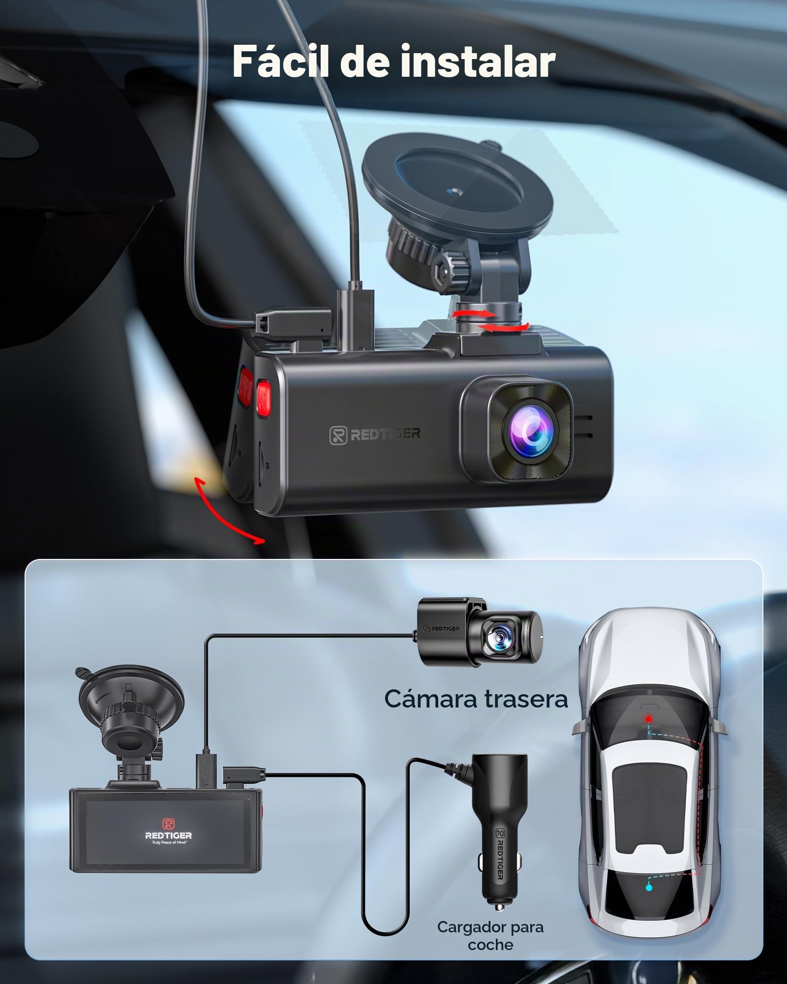 REDTIGER F7NA Cámara Dual de Tablero 4K, STARVIS 2 IMX678, 8MP, WiFi de 5GHz (Descarga Rápida de 20MB/s), 4K Delantera 1080P Trasera, GPS, Control de Voz, WDR, Visión Nocturna HDR, Modo de