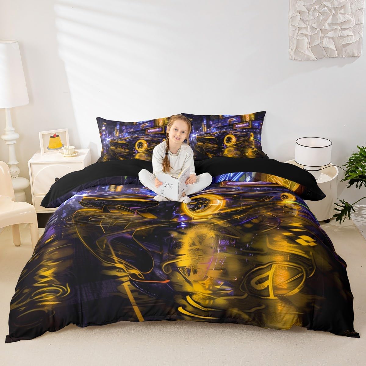 Sports Car Duvet Cover Set Queen Size,Racing Car Theme Modern City Reversible Quilt Cover Set (NO Comforter),Cool Yellow Purple Neon Light Soft Comforter Cover for Dorm Room, Zipper image 4