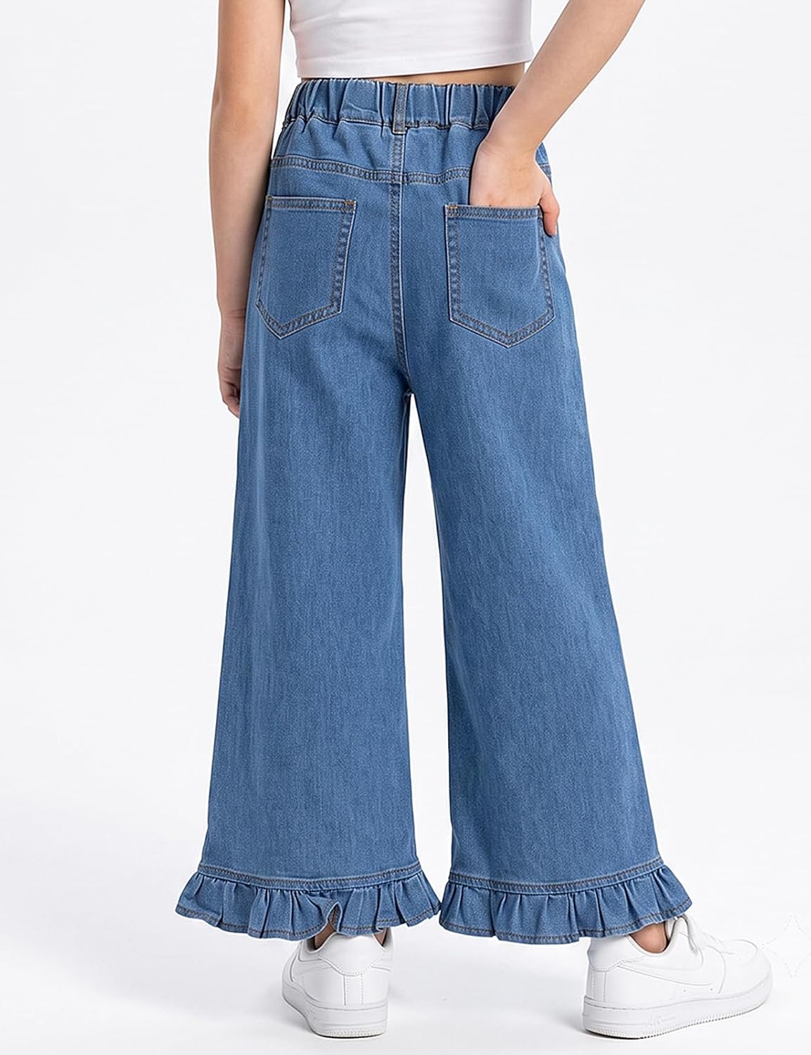 Noomelfish Girls Ruffle Wide Leg Jeans Baggy Cute Stretchy Denim Pants with Elastic Waist & Pockets (5-14 Years)