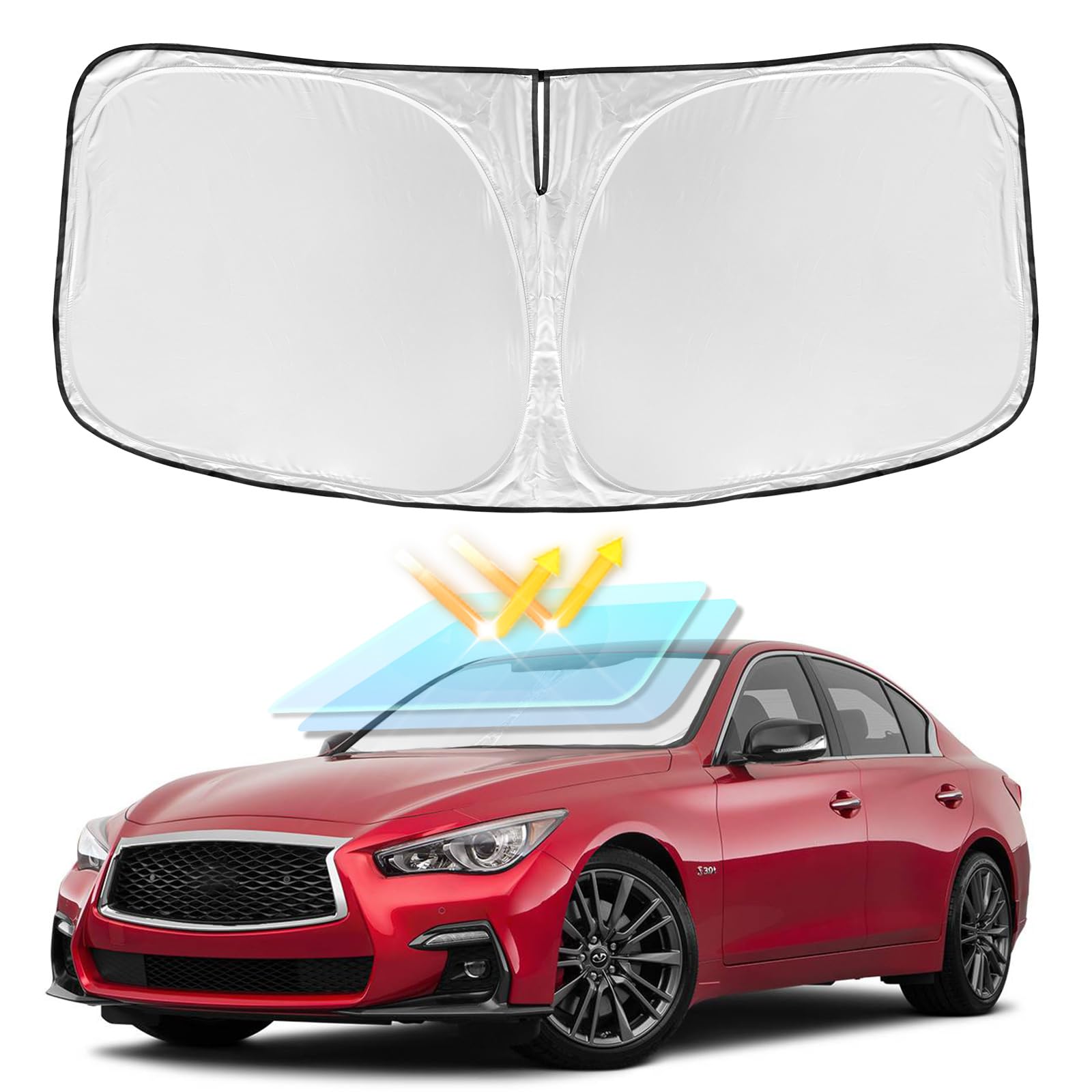 for Infiniti Q50 2014-2025 Windshield Sun Shade 4 Layers Car Sunshade | Front Windows Shade Cover Custom Fit for Q50 Sun Visor 250T Retractable Shade Blocks UV Rays Car Accessories