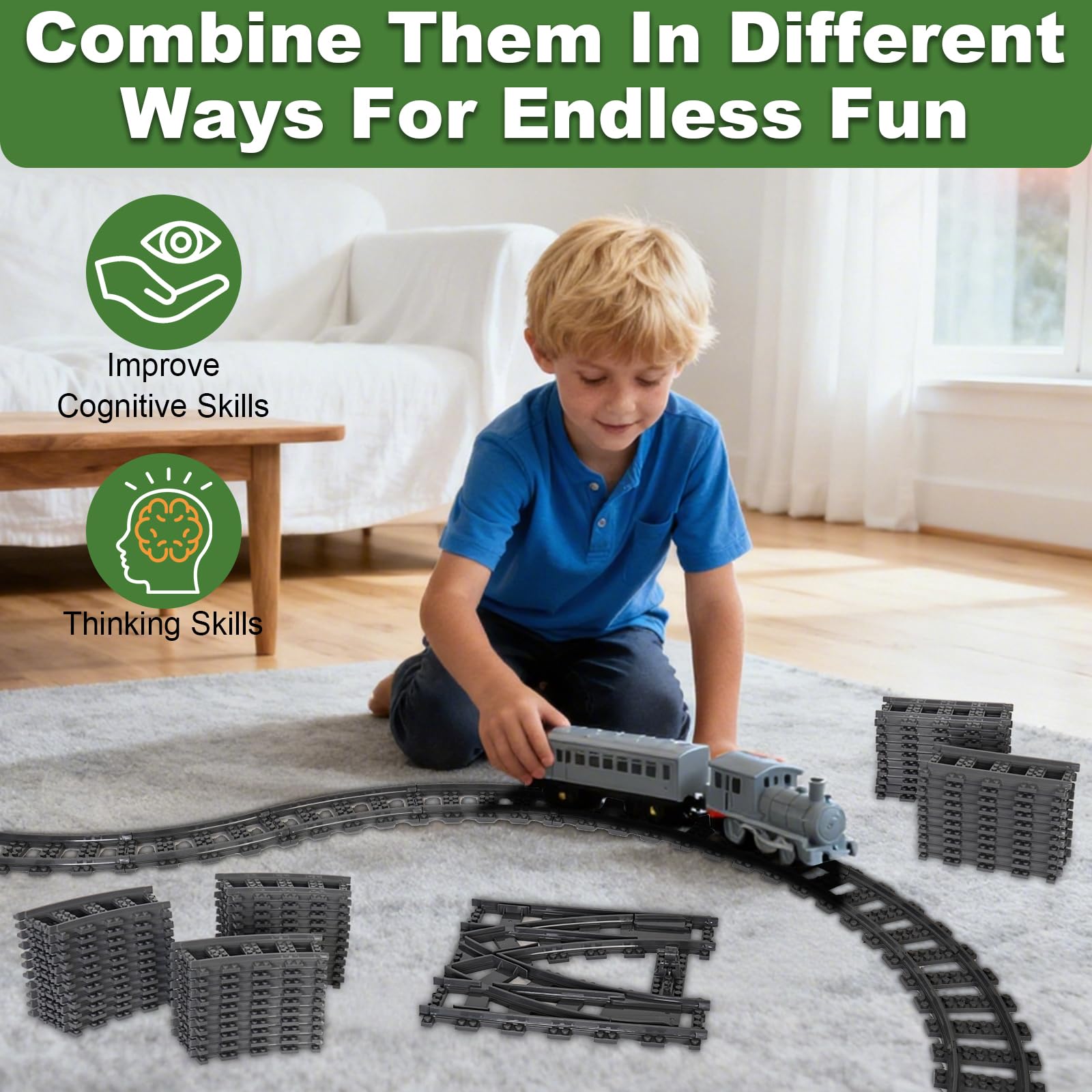 Bausteine Zug Schienen Set, 54 Stück City Zug Schienen Set, Bestehend aus Cross Track Gerade, Kurven Schienen, City Erweiterungsset Gleise Kompatibel mit dem Marktführer, für Kinder Geschenk
