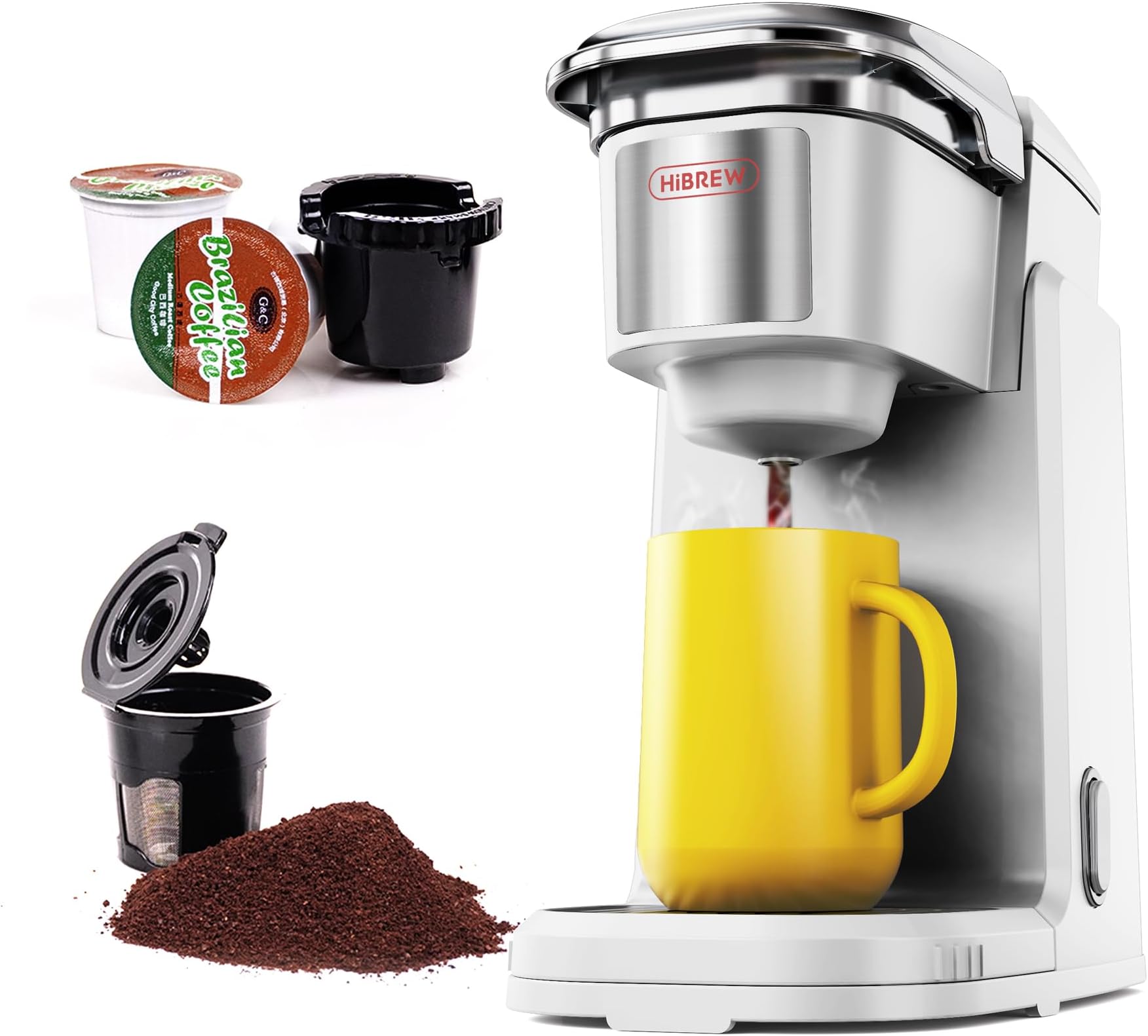 HIBREW Single Serve Coffee Maker - Portable,Coffee Machine for K Cup Pod, One Button Operation, White Color for Kitchen, Office, Camping, Hotel