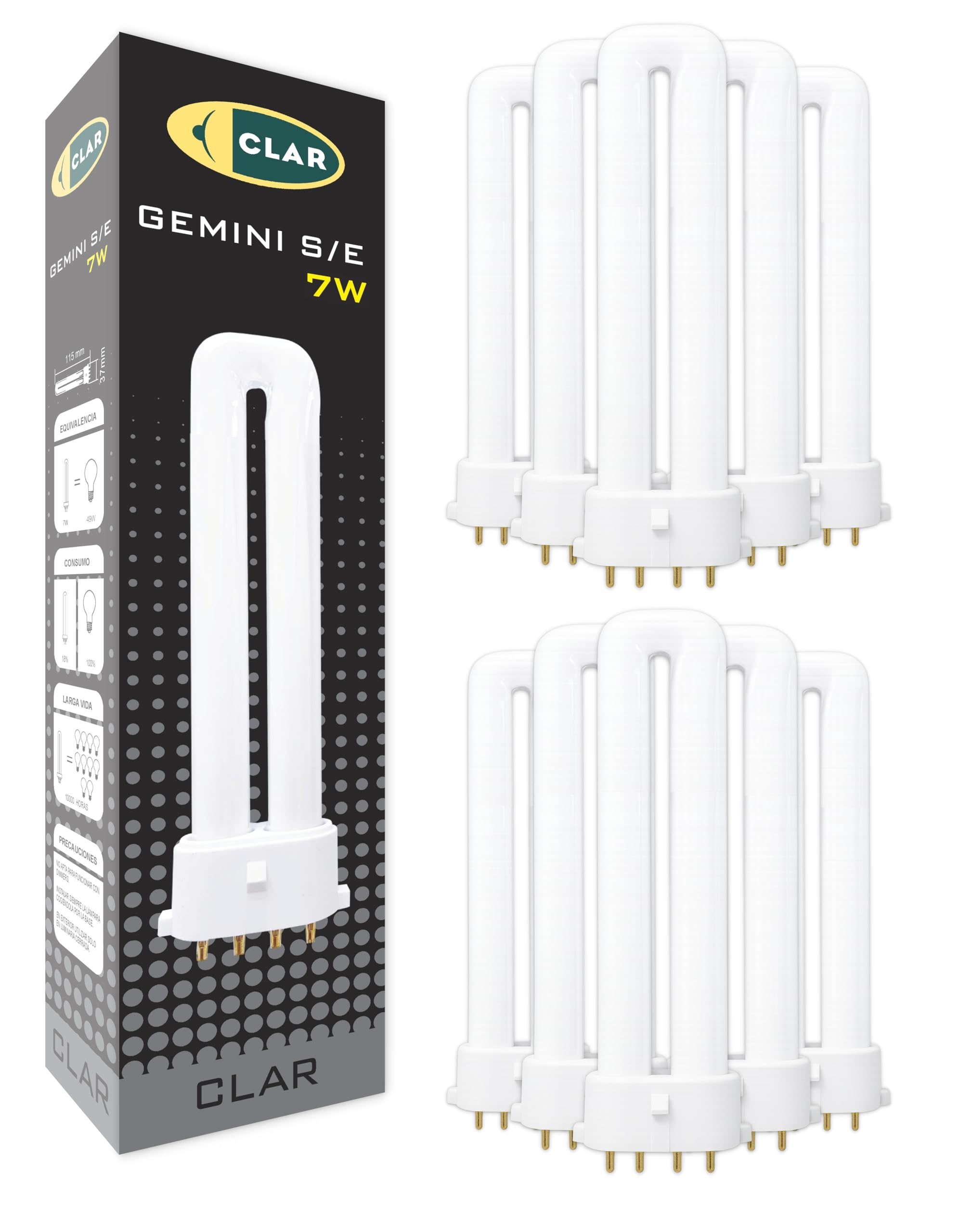 CLAR - Gemini S/E 7W 4000K 2G7 Leuchtstoffröhre Neutralweiß Vertikale Kompaktlampe CFL Energiesparend Ersatz (Pack 10)