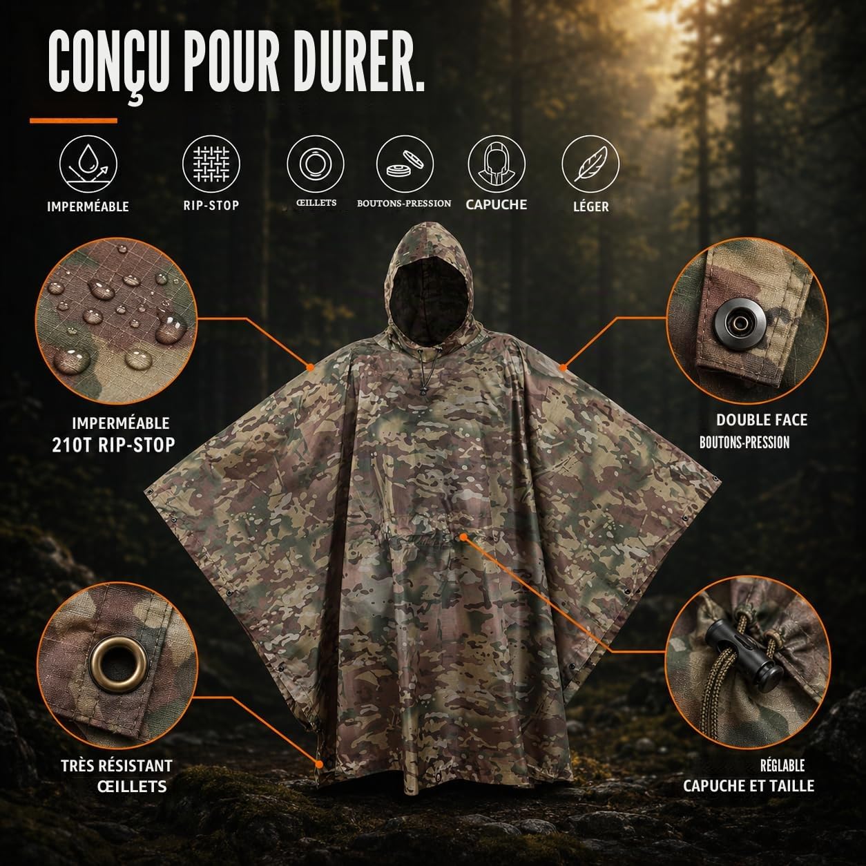 USGI Industries Poncho de style militaire – Tente d'urgence, abri, survie – Multi usage indéchirable Camouflage Poncho de pluie