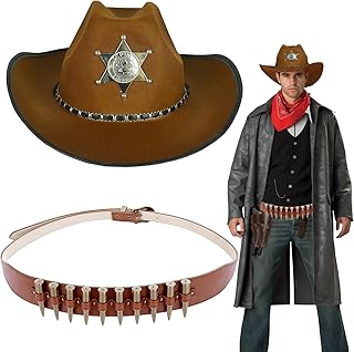 SKIPTHYBER Cowboy Costume Accessory Set, 2 Pieces Western Cowboy Hat for Men, Brown Hat with Western Bolo Buckle Belt Western Cowboy Outfit Kit for Carnival Halloween Fancing Cosplay