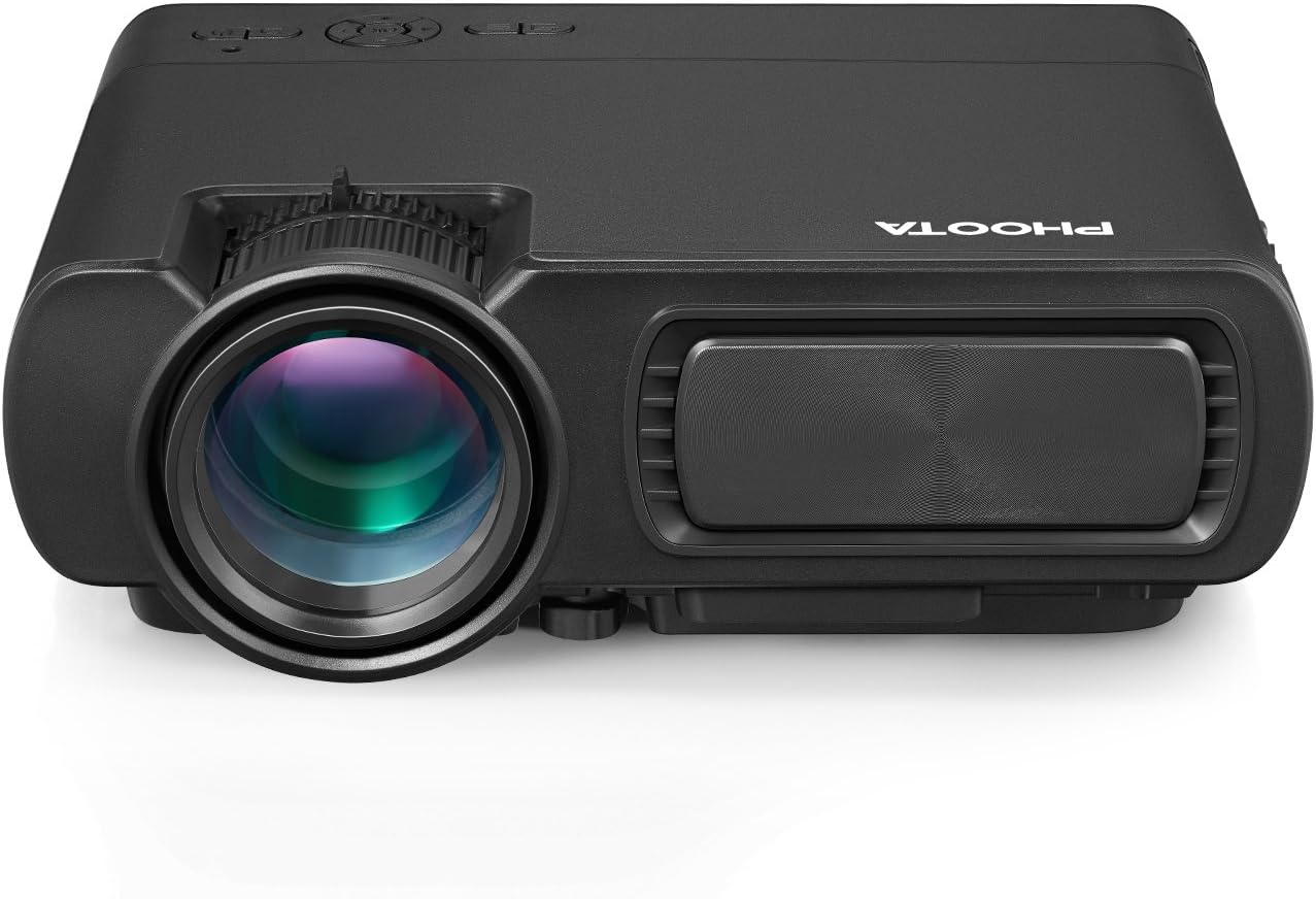 PHOOTA Mini Projector, 2019 Upgraded Portable LED Video Projector with 50,000 Hrs LED Lamp Life, 2400 Lux Projector with Dual Stereo Speakers, Compatible with HDMI, VGA, USB, AV, 2000:1 Contrast Ratio