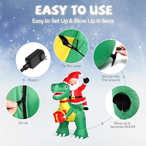 Miniatura 6 de VINGLI 6ft Tall Christmas Santa Dinosaur Inflatable, Blow Up Yard Decoration with Secure Stakes Storage Bag, Electric Blower Fan for Indoor Outdoor