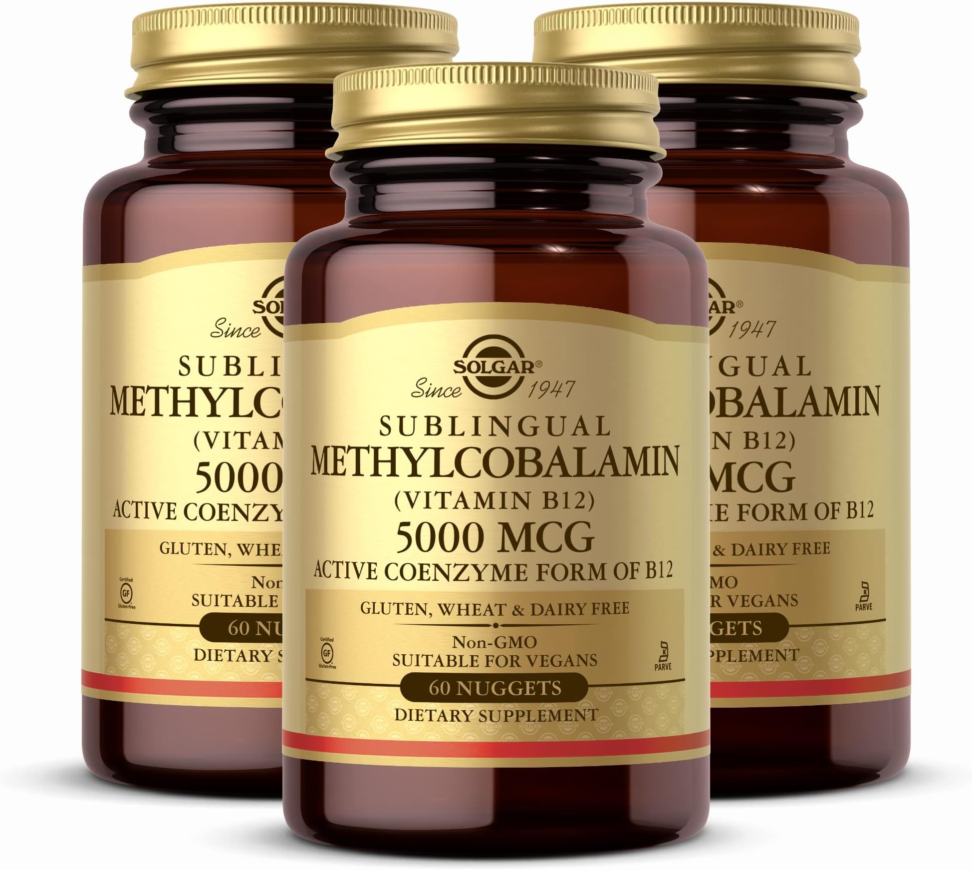SOLGAR Methylcobalamin (Vitamin B12) 5000 mcg - 60 Nuggets, Pack of 3 - Supports Energy Metabolism - Vitamin B - Non-GMO, Vegan, Gluten Free - 180 Total Servings