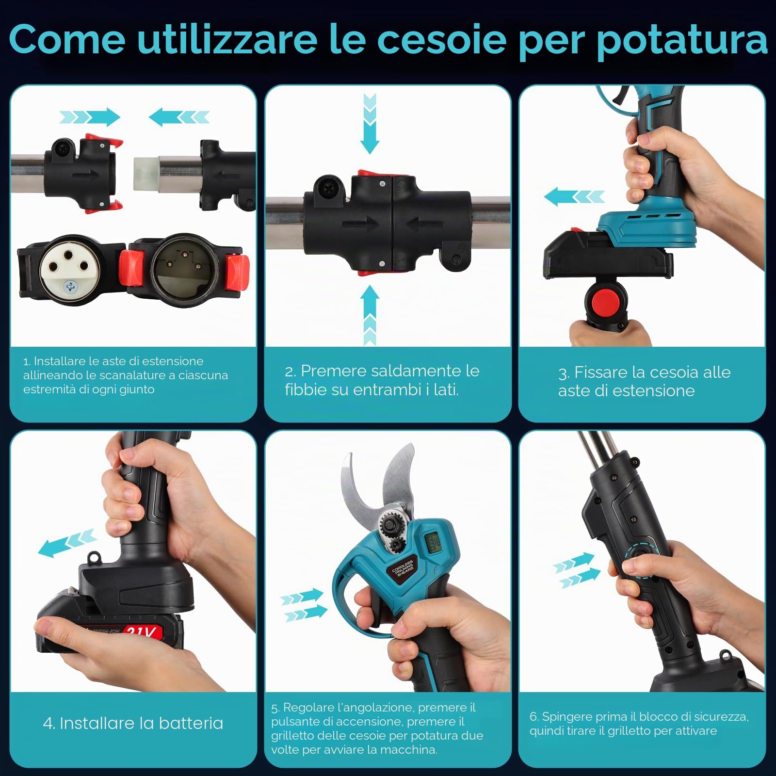 Forbici Potatura a Batteria con Asta Telescopica 2,6 m Testa 180° | Taglio da 35 mm, display e 2 batterie 2.0Ah, perfetta per alberi, giardino e rami alti