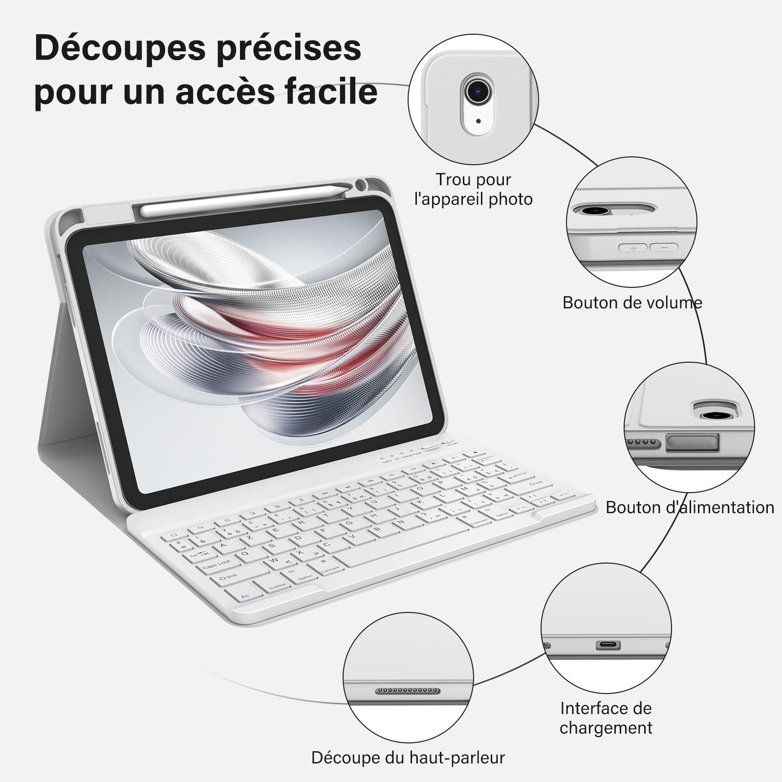 BQSS Coque Clavier pour iPad A16 11/10 Ème Génération(11 Pouces 2025/10.9 Pouces 2022), AZERTY Français, Housse Amovible avec Clavier Bluetooth sans Fil pour iPad 2022 10eme/11eme