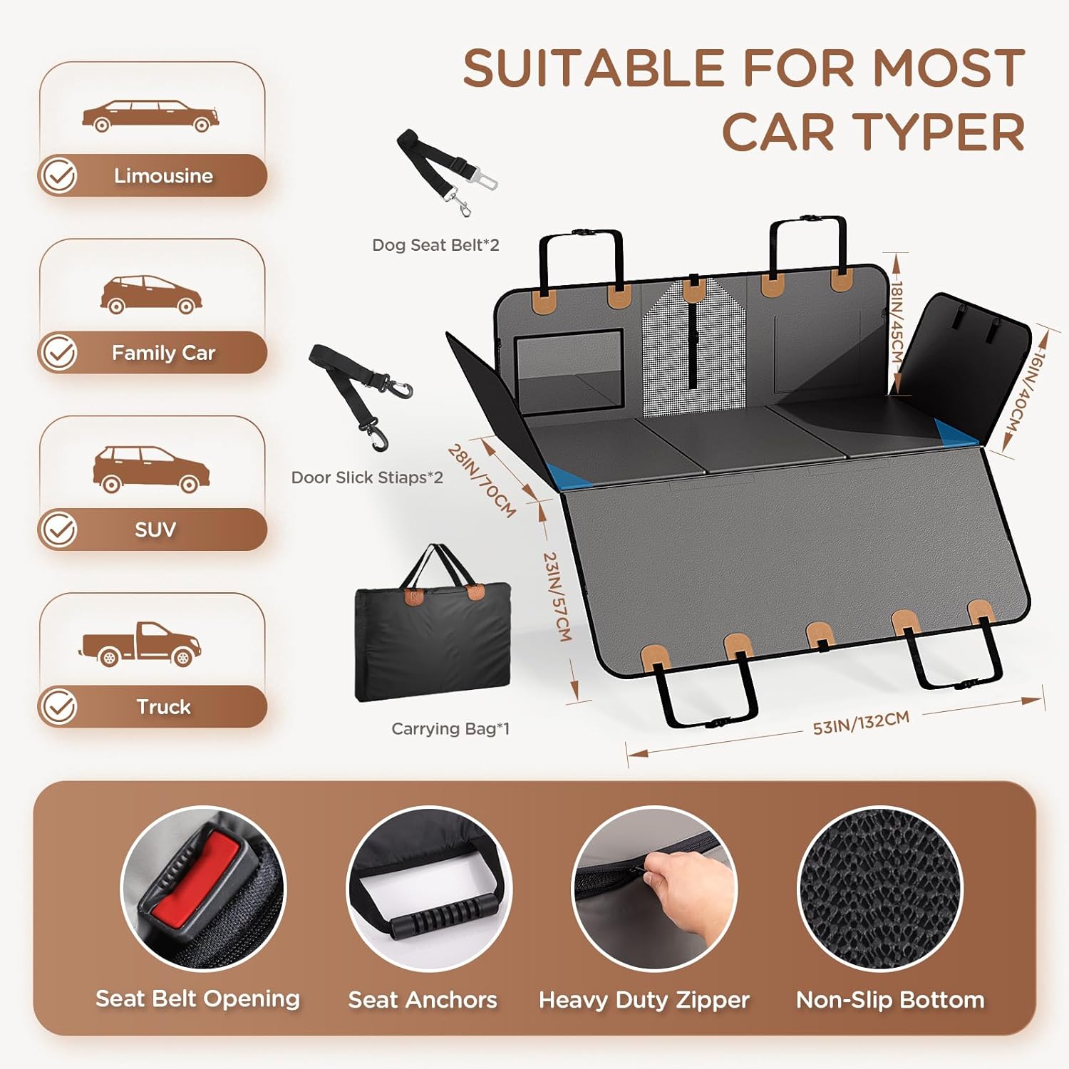 Dog Car Seat for Large Medium Dogs – Waterproof Back Seat Extender with Reinforced Hard Bottom,Breathable Mesh Windows,Storage Pockets & Adjustable Straps,Universal Fit for Cars,SUVs,Trucks