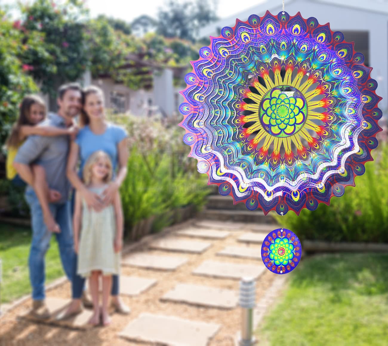 Molinillos de viento de mandala 3D de 12 pulgadas, esculturas cinéticas colgantes de acero inoxidable, corte láser, arte de mandalas de metal, decoración colgante de estrella para interiores y