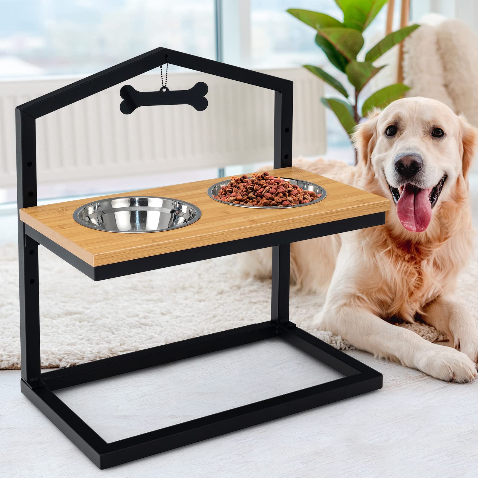 Giantex Elevated Dog Bowls Stand, 5 Adjustable Heights, 2 Stainless Steel Bowls, Non-Slip Metal Frame, Raised Pets Cats Feeding Station, Tall Dog Food Water Bowl Holder Stand (Natural & Black)