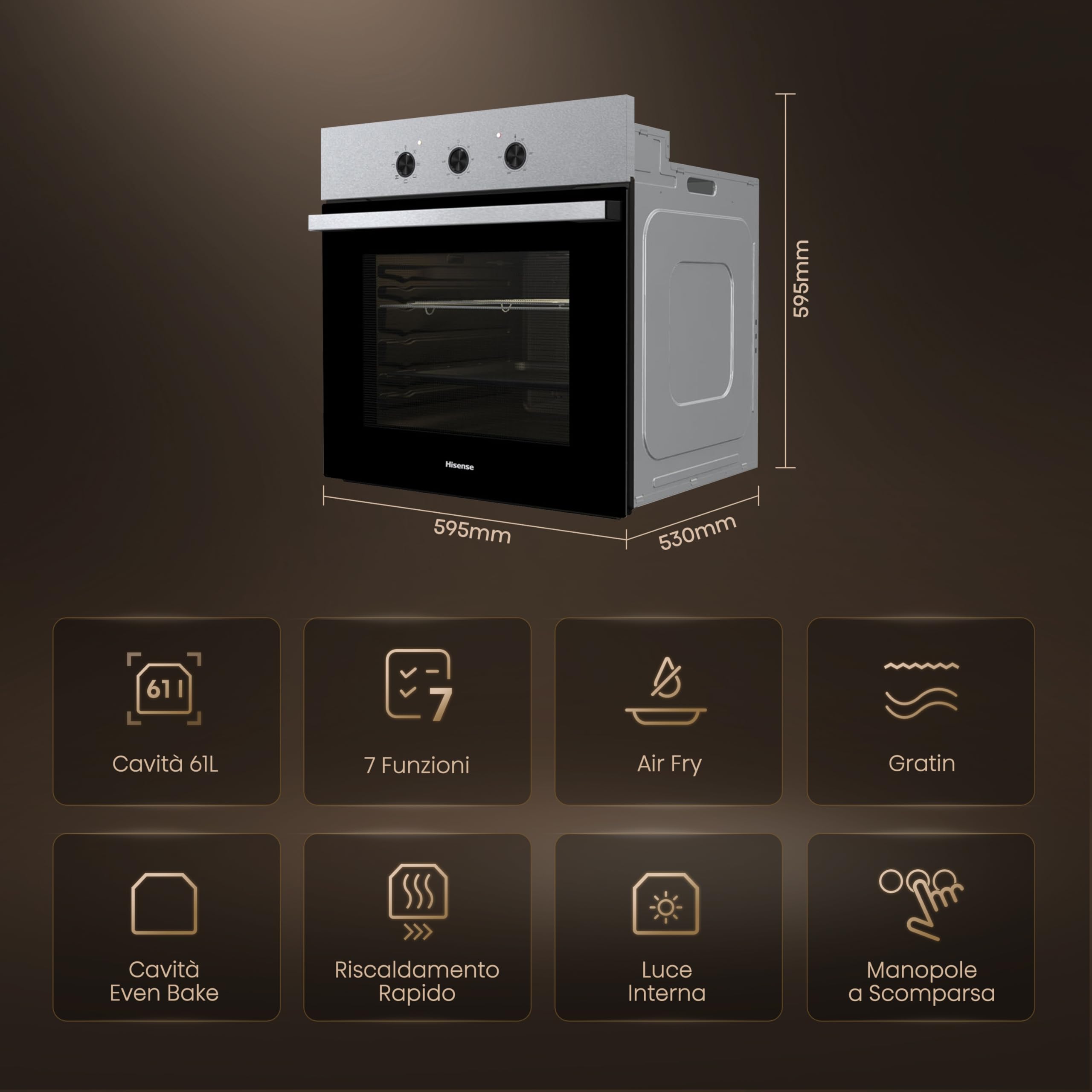 Hisense BI62120AX - Forno multifunzione, 3 manopole Push Pull, cavità 61l, 7 funzioni, AcquaClean, 2 vetri, funzione pizza 250°, classe A