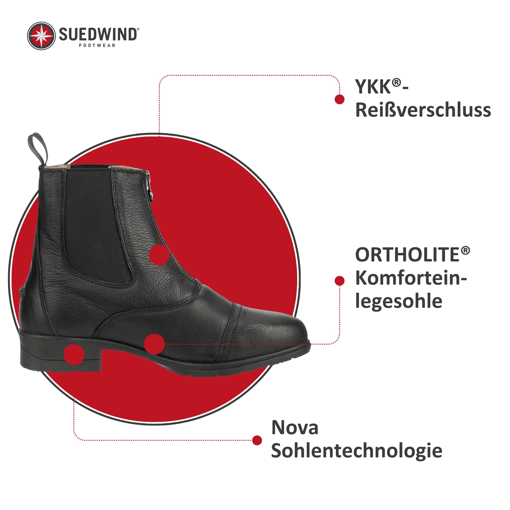 SUEDWIND FOOTWEAR Reitstiefeletten Nova Soft FZ - Unisex Reitschuhe aus weichem Rindsleder – Paddock Stiefeletten mit Mesh-Lining, Nova-Gummisohle & Reißverschluss vorne – schwarz – Gr. 25-46