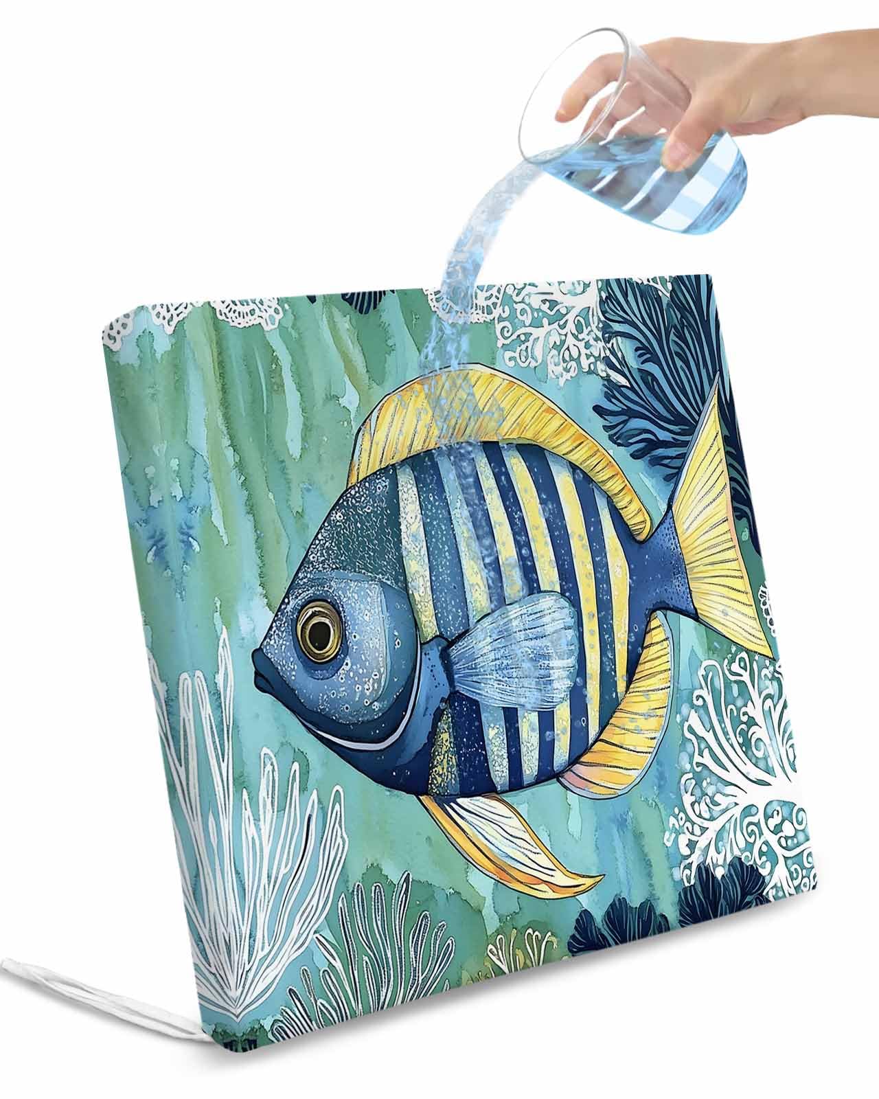 2 Pack Coastal Ocean Waterproof Cushion Covers with Ties, Outdoor Patio Chaise Lounge Chair Seat Cushion Slip Covers Replacement(Only Cover) Summer Abstract Stripe Ombre Fish 22